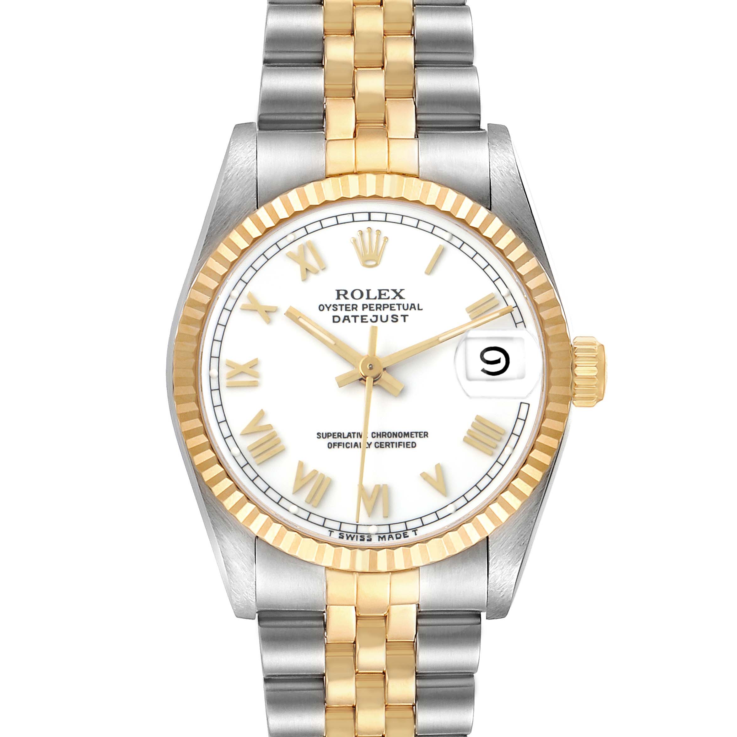 The Rolex Datejust 68273 Women's Steel and Gold (two tone) White Dial watch is shown from the front, highlighting the dial, two-tone bracelet, and fluted bezel.