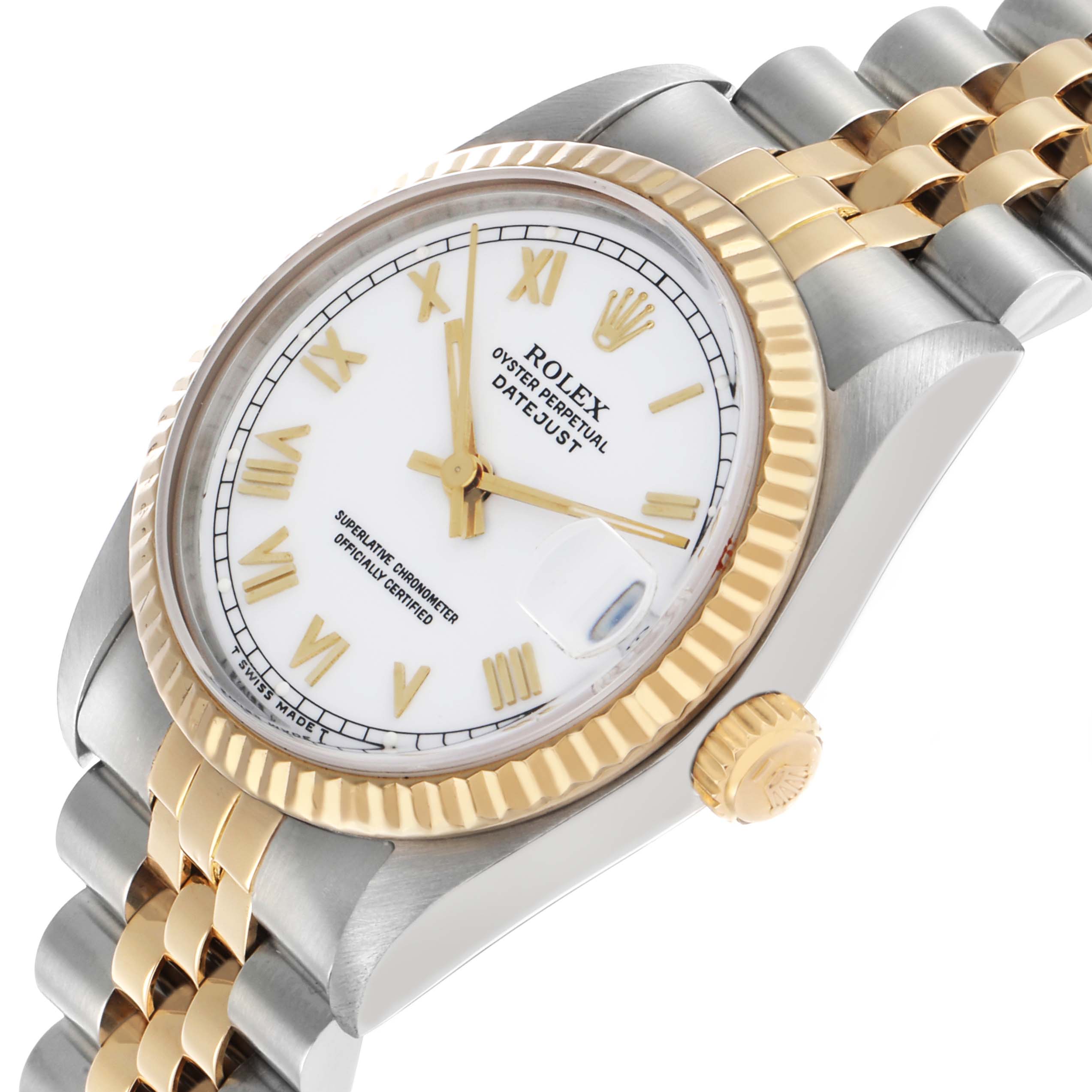 The Rolex Datejust 68273 Women's Steel and Gold (two tone) White Dial watch is shown at a slight angle, displaying its face, fluted bezel, two-tone bracelet, and crown.