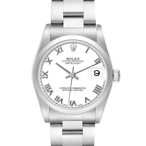 The Rolex Datejust Mid-Size is shown from the front, displaying the face, bezel, crown, and bracelet.