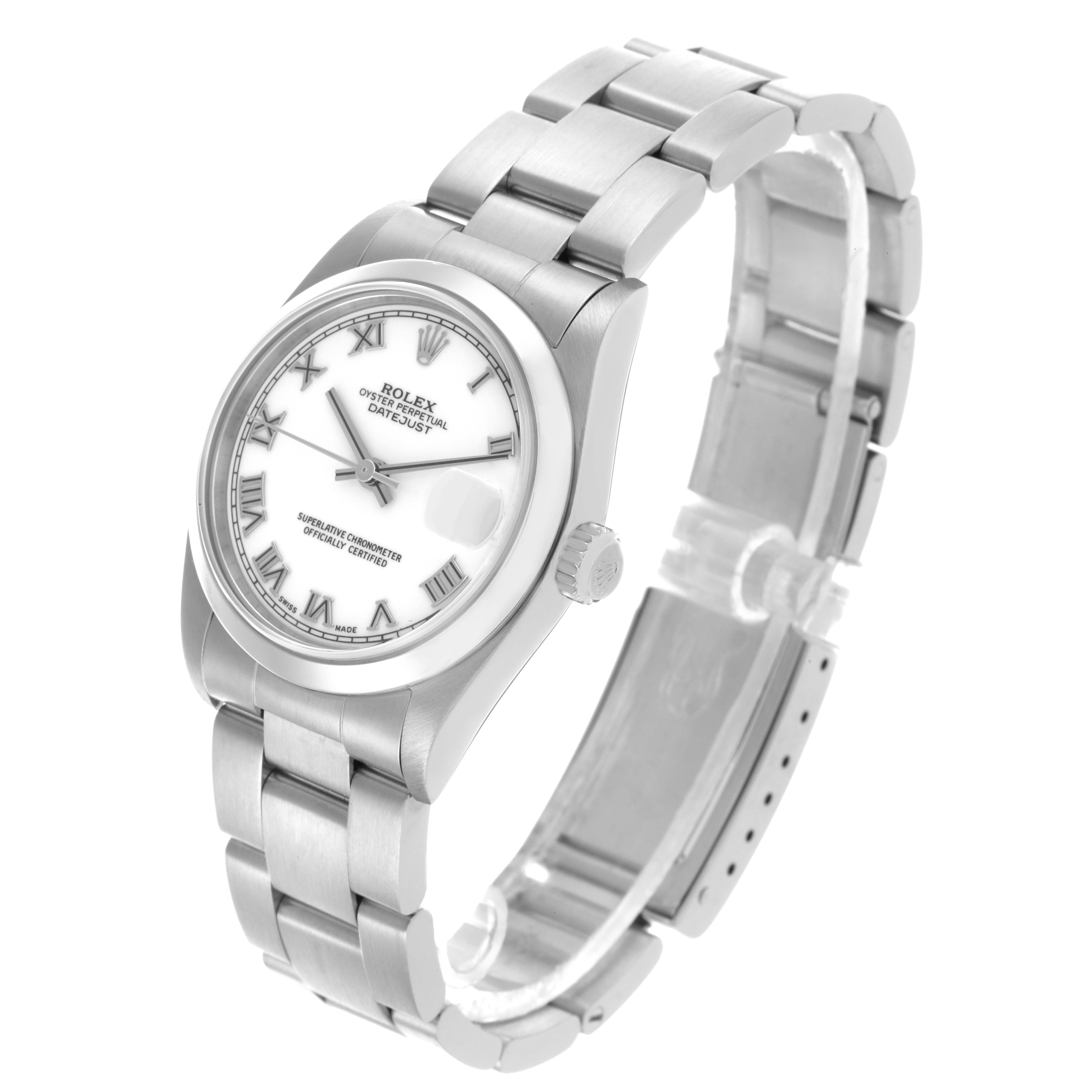 The Rolex Mid-Size 78240 Women's Stainless Steel White Dial 78240 Women's Stainless Steel White Dial watch is shown at a three-quarter angle, displaying the dial, bracelet, and crown.