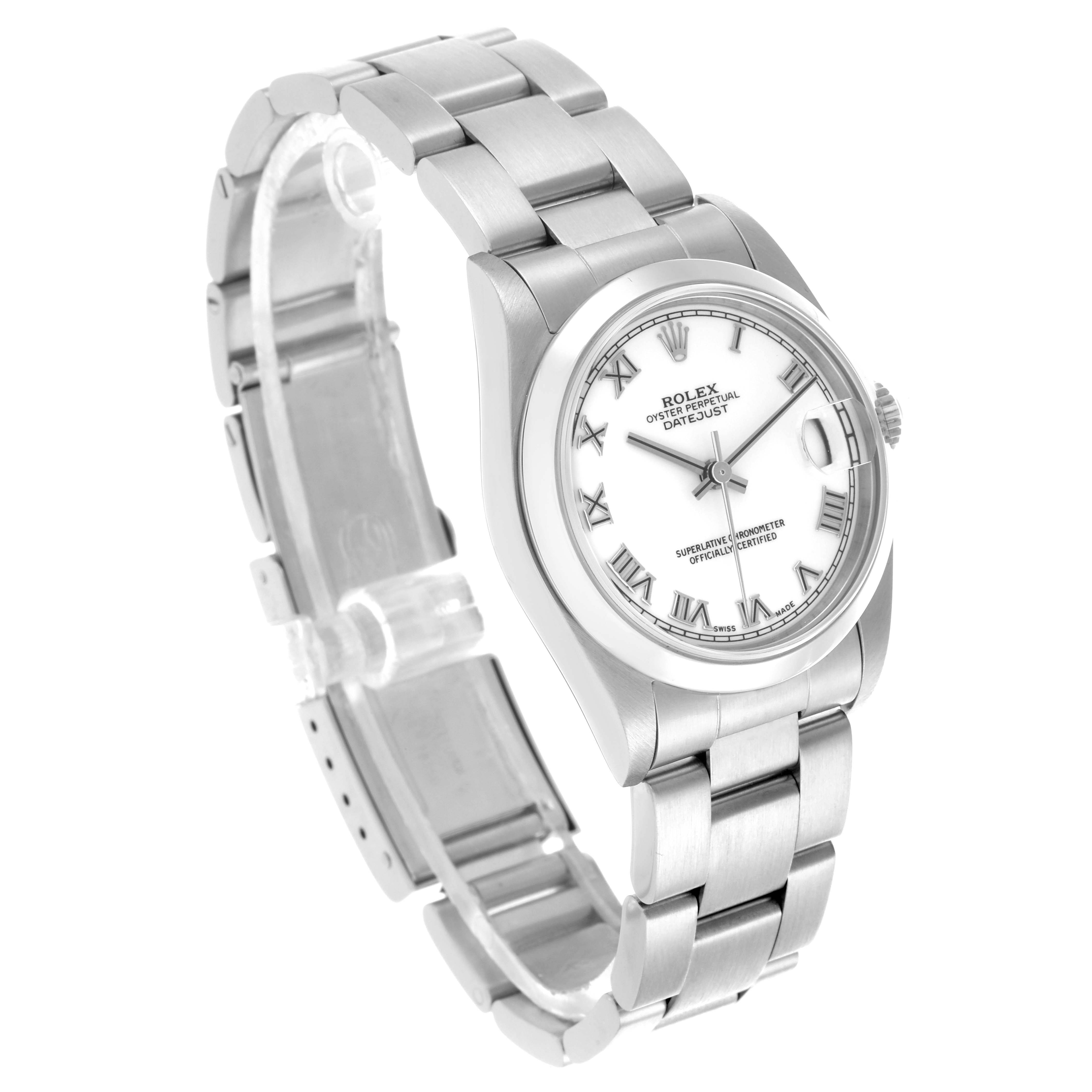The Rolex Datejust Mid-Size watch is shown from an angled side view, displaying the face, bezel, and bracelet.