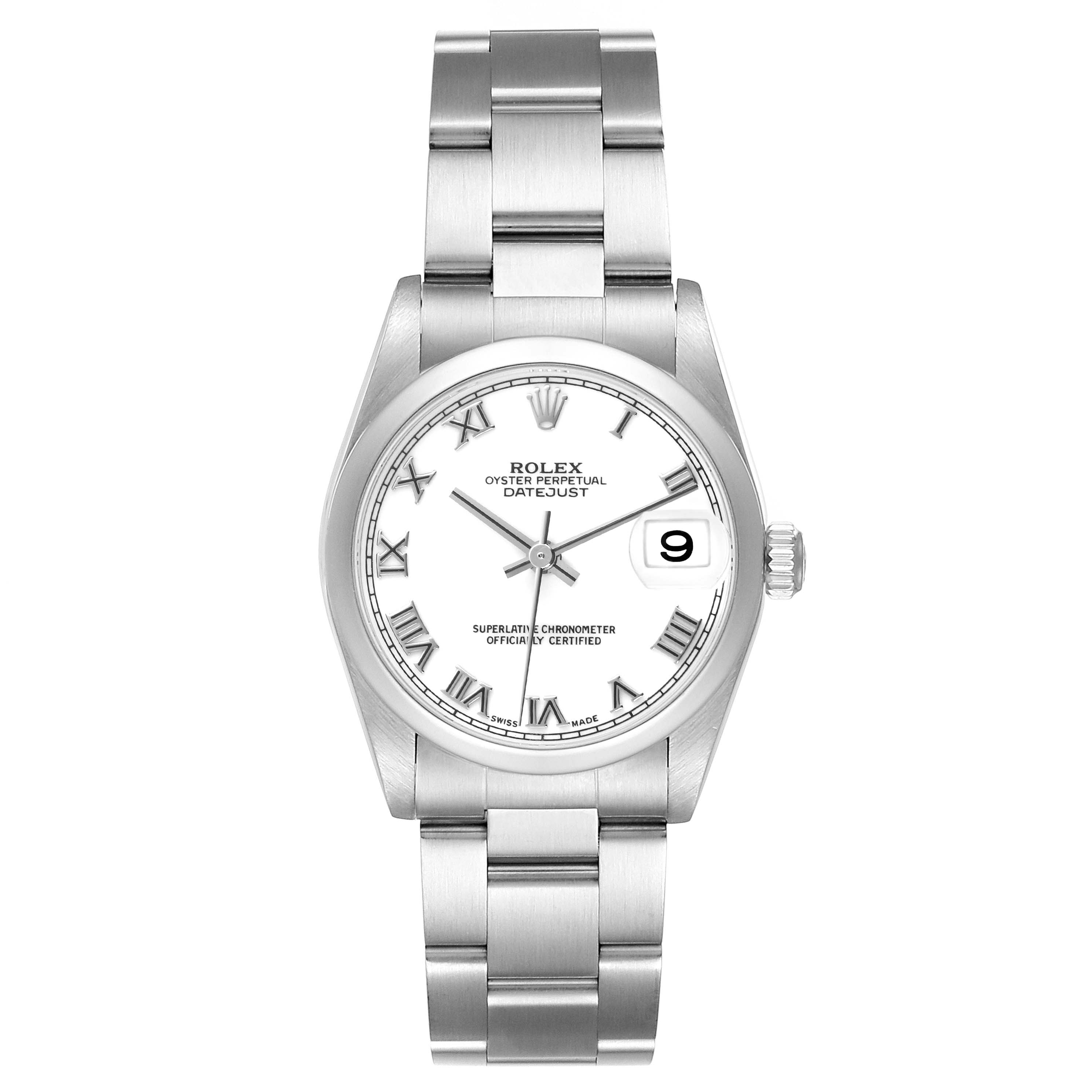 The Rolex Mid-Size 78240 Women's Stainless Steel White Dial 78240 Women's Stainless Steel White Dial watch is shown from the front, displaying the face, bracelet, and crown.