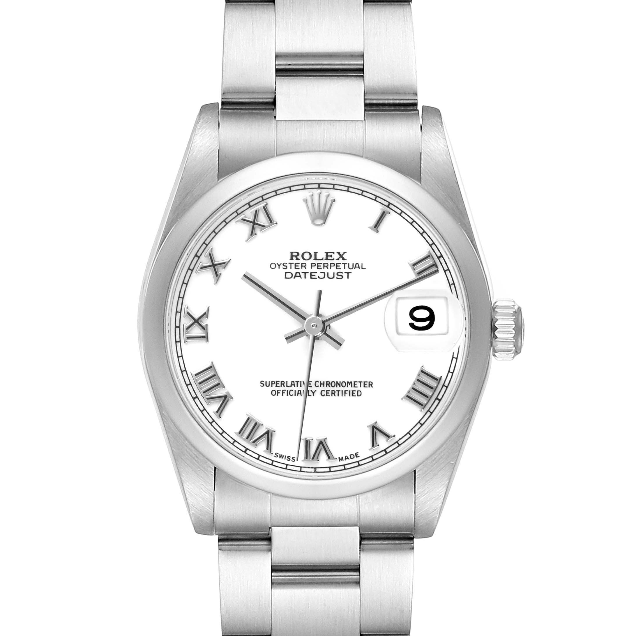 The Rolex Oyster Perpetual Datejust mid-size model is shown from a front angle, displaying the dial, bezel, crown, and bracelet.