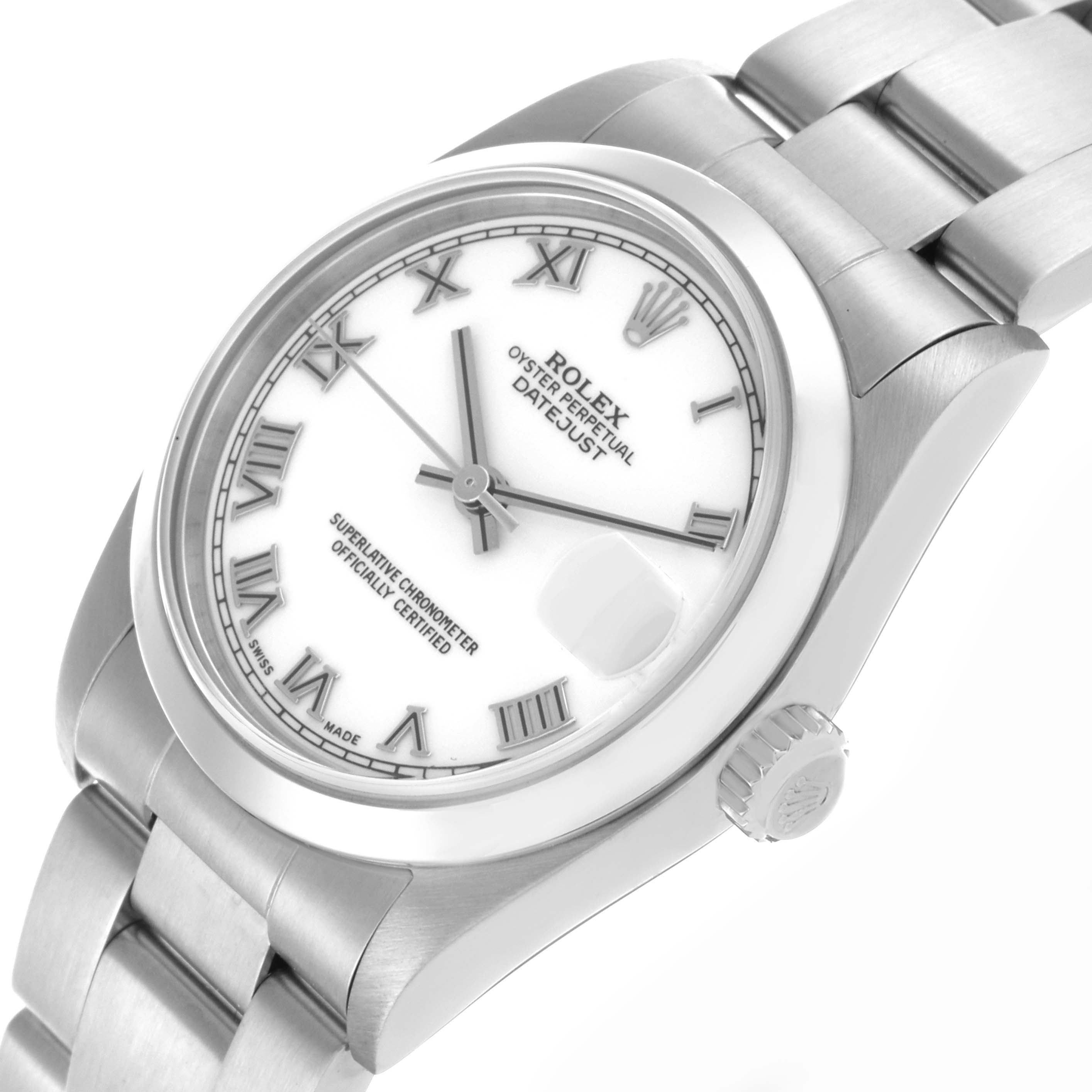 The Rolex Mid-Size 78240 Women's Stainless Steel White Dial 78240 Women's Stainless Steel White Dial watch is shown at an angled close-up, highlighting the dial, bracelet, and crown.