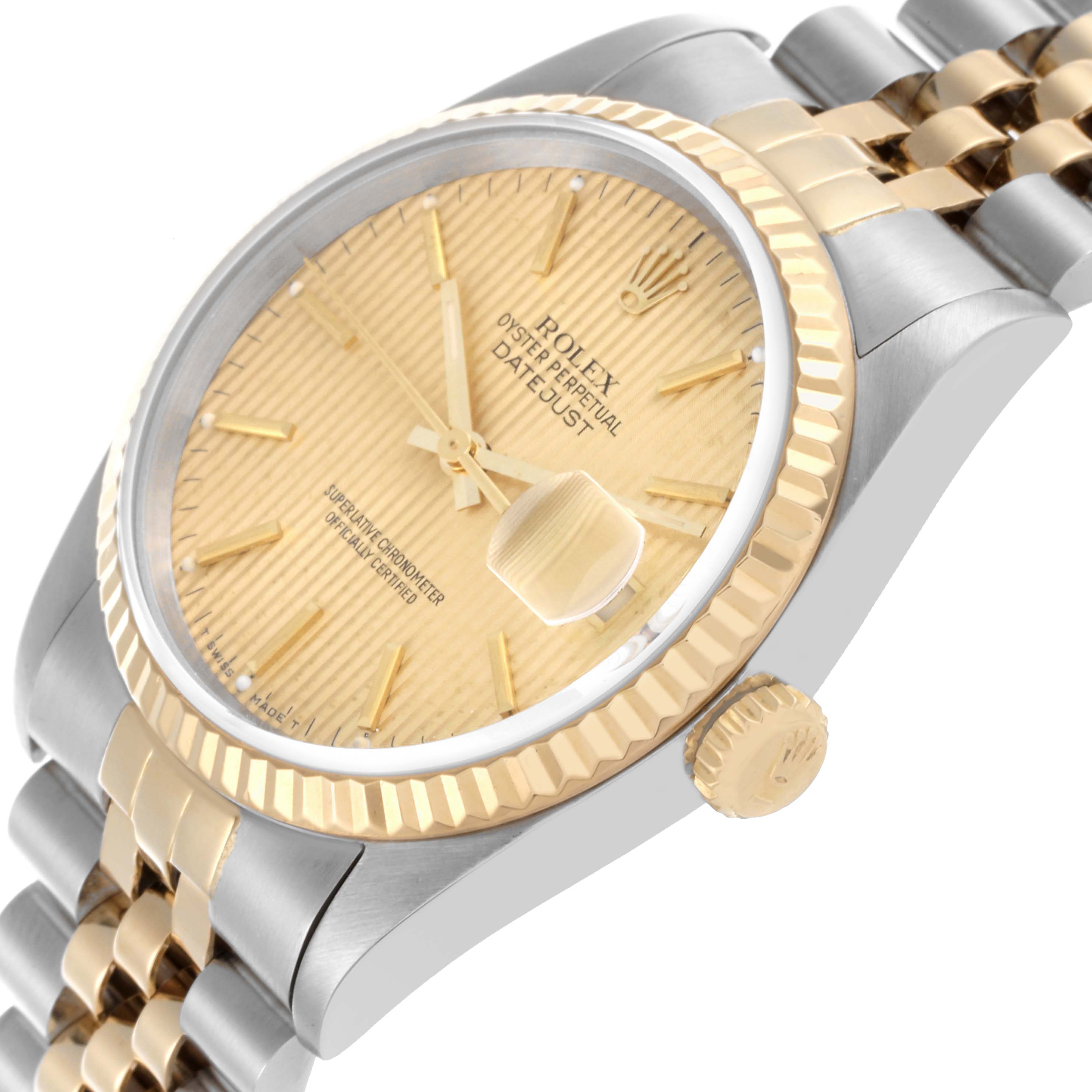 The image shows a side angle of a Rolex Datejust 16233 Men's Steel and Gold (two tone) Champagne Dial 16233 Men's Steel and Gold (two tone) Champagne Dial, highlighting the gold dial, fluted bezel, and two-tone bracelet.