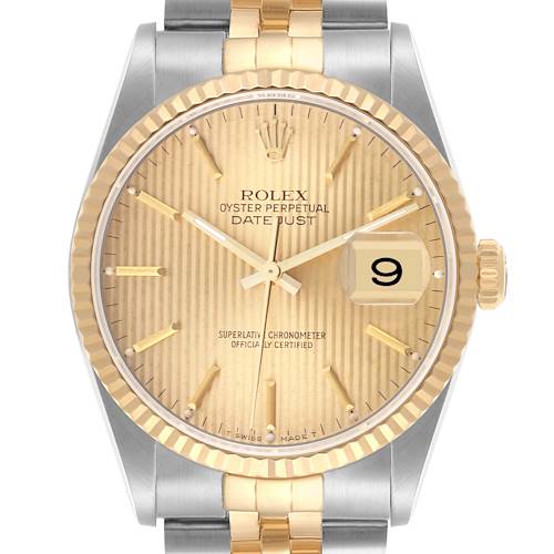 The Rolex Datejust is shown from the front, highlighting the face, bezel, and part of the bracelet.
