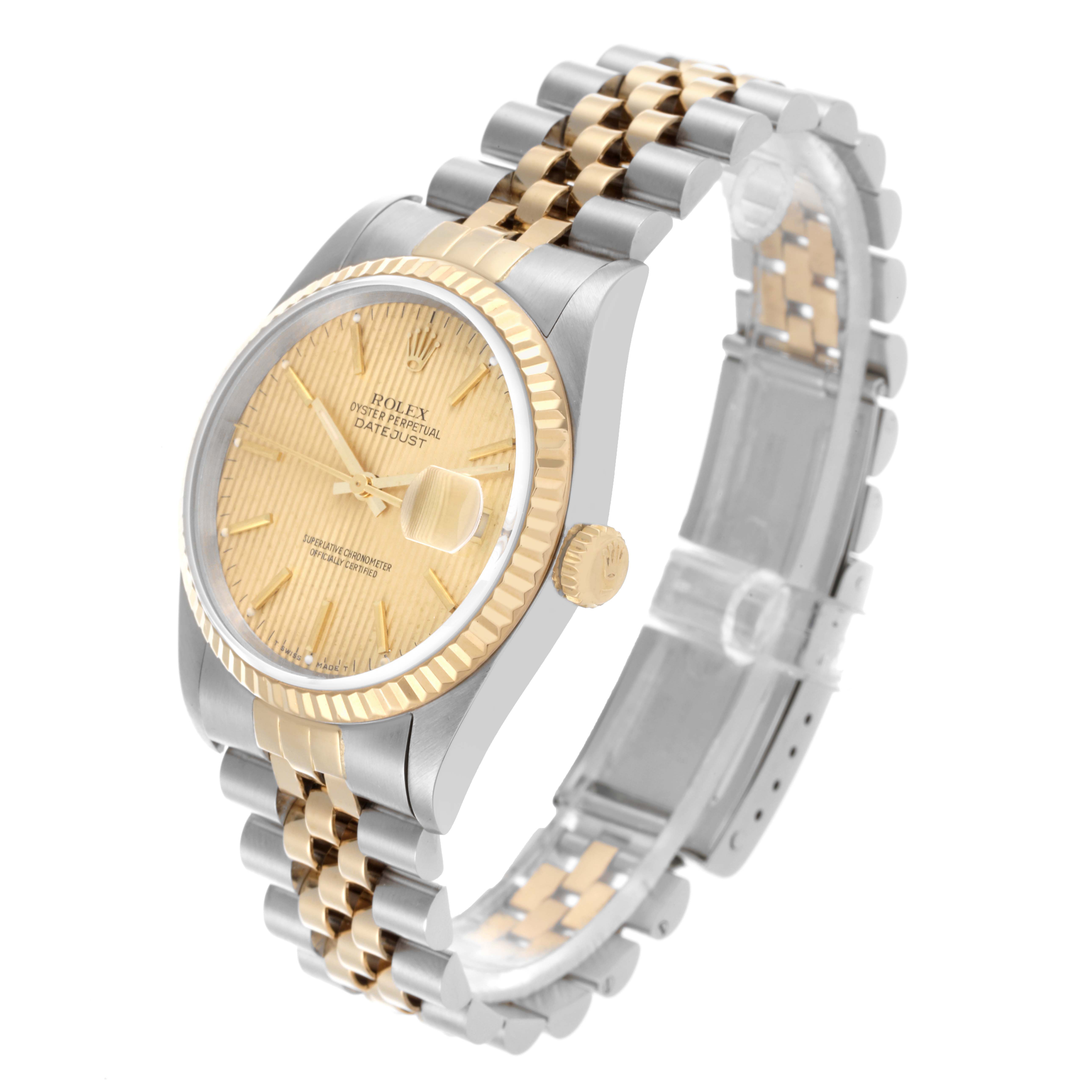 The Rolex Datejust 16233 Men's Steel and Gold (two tone) Champagne Dial 16233 Men's Steel and Gold (two tone) Champagne Dial watch is shown at an angle highlighting the dial, bezel, crown, and two-tone bracelet.