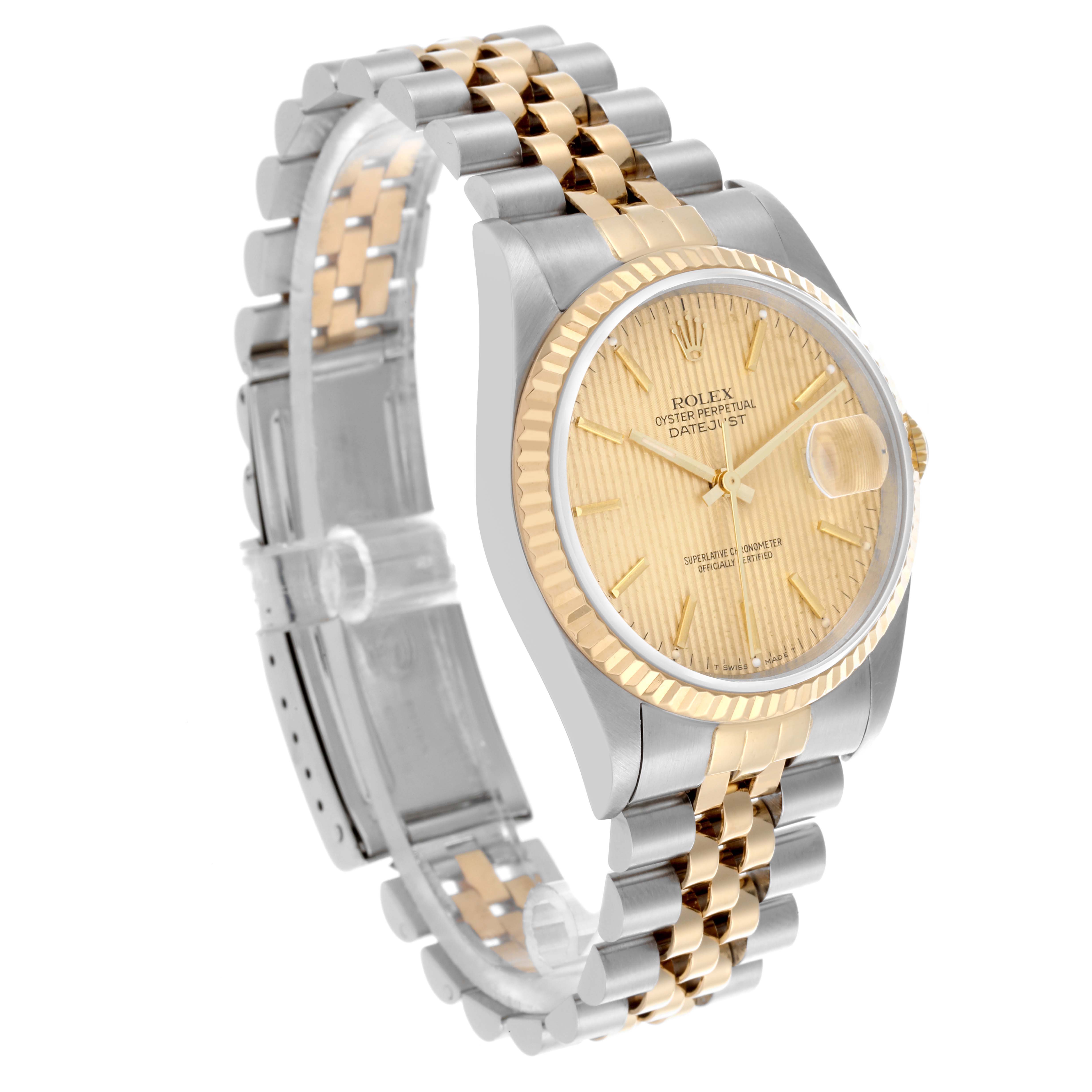 The Rolex Datejust 16233 Men's Steel and Gold (two tone) Champagne Dial 16233 Men's Steel and Gold (two tone) Champagne Dial watch is shown at a three-quarter angle, highlighting the gold and silver bracelet and fluted bezel.