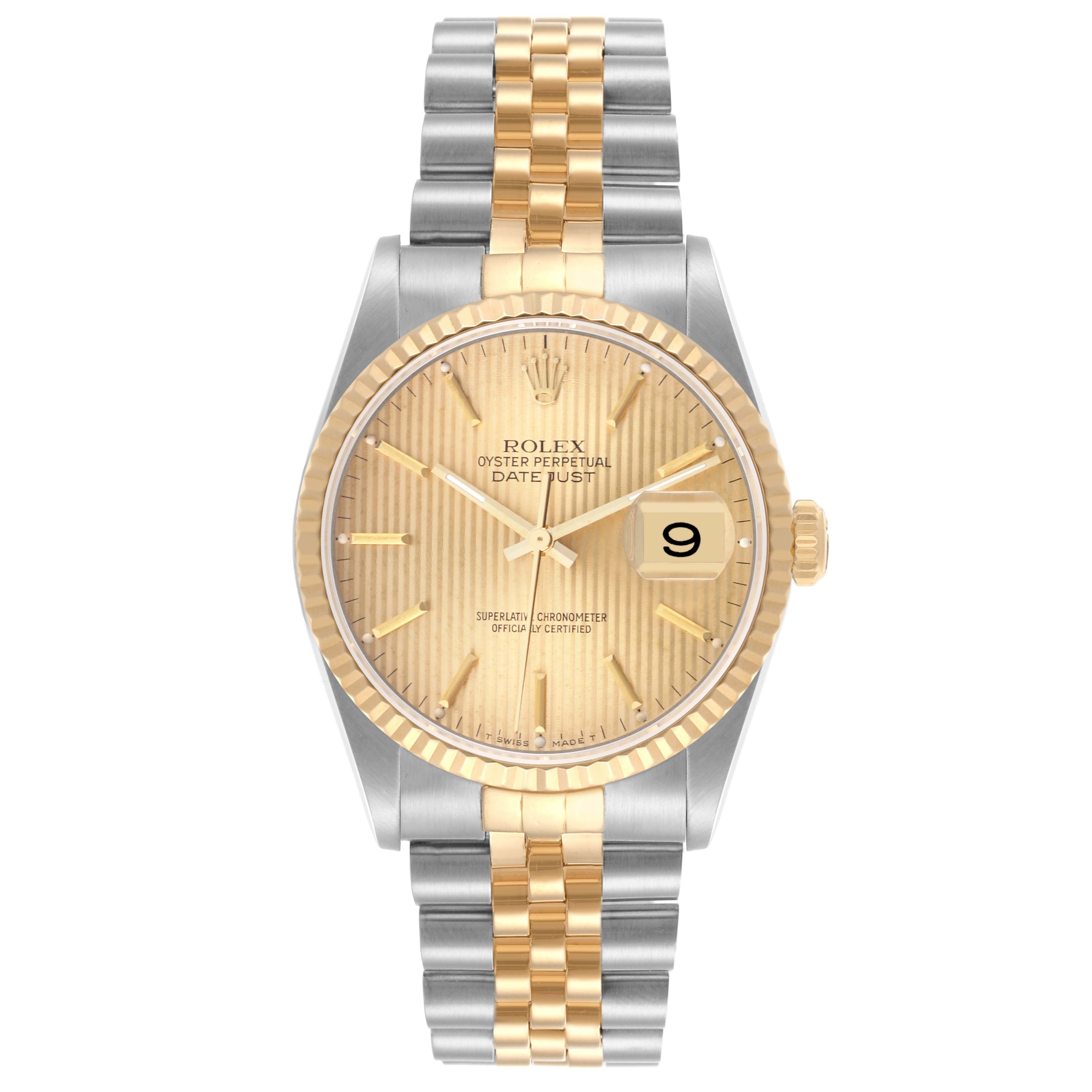 The Rolex Datejust 16233 Men's Steel and Gold (two tone) Champagne Dial 16233 Men's Steel and Gold (two tone) Champagne Dial watch is shown from a front angle, highlighting its gold and silver bracelet and champagne dial with date display.