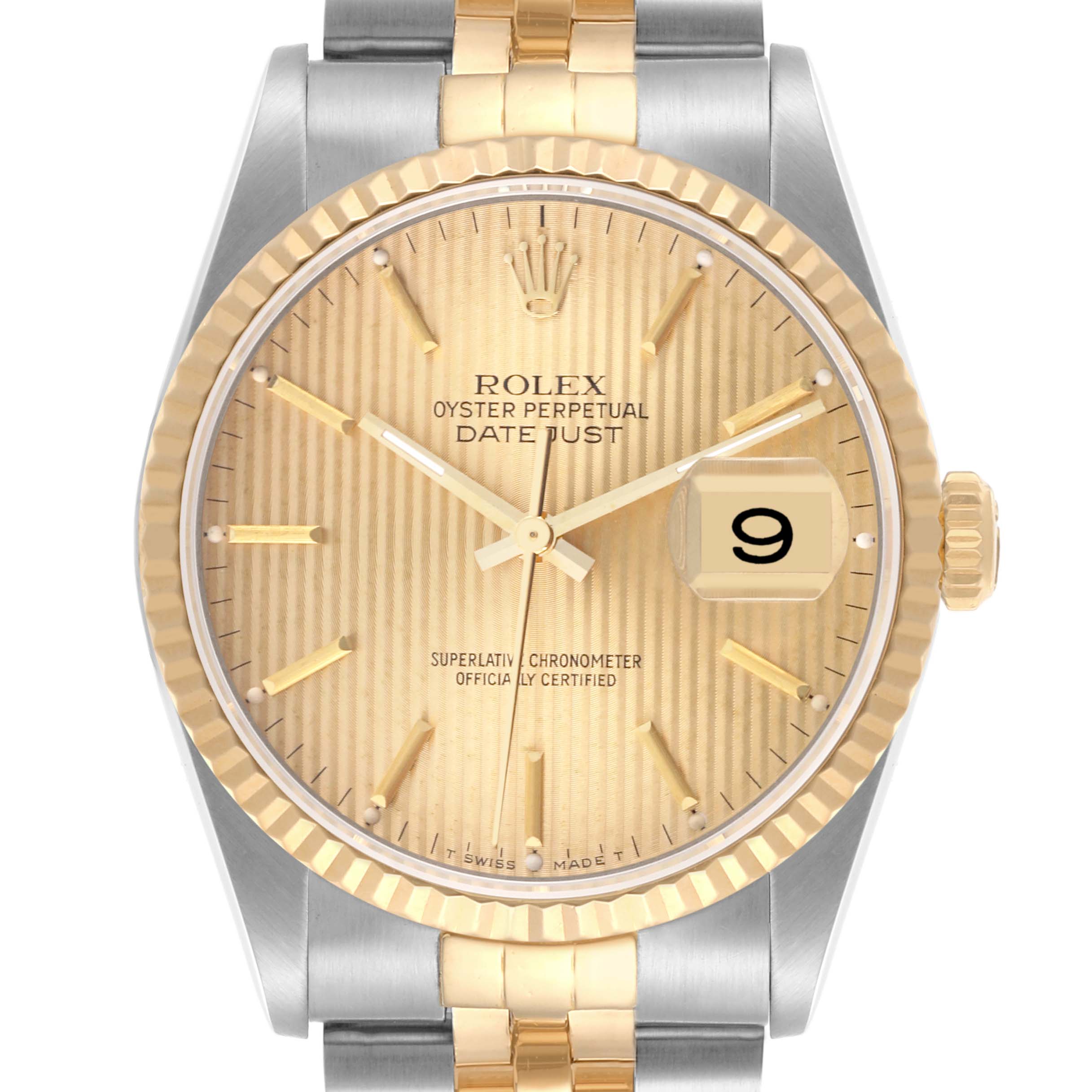 The Rolex Datejust 16233 Men's Steel and Gold (two tone) Champagne Dial 16233 Men's Steel and Gold (two tone) Champagne Dial watch is shown from a front angle, displaying the dial, bezel, and part of the bracelet.