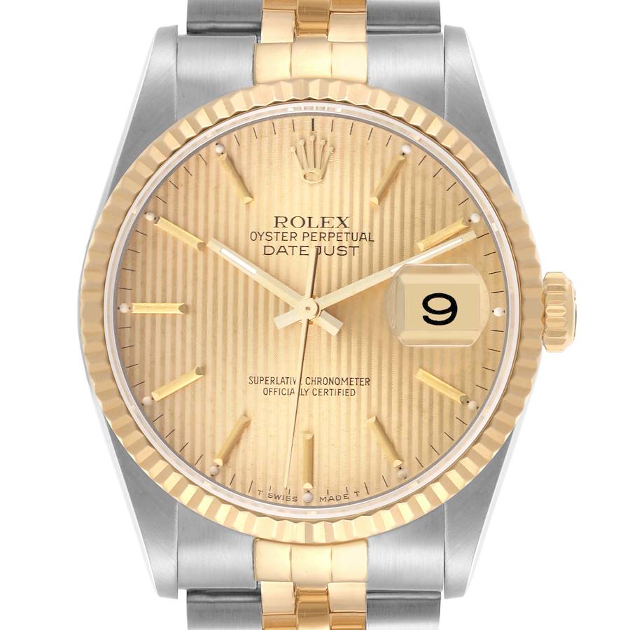 The Rolex Datejust watch is shown from a front angle, displaying the dial, bezel, and part of the bracelet.