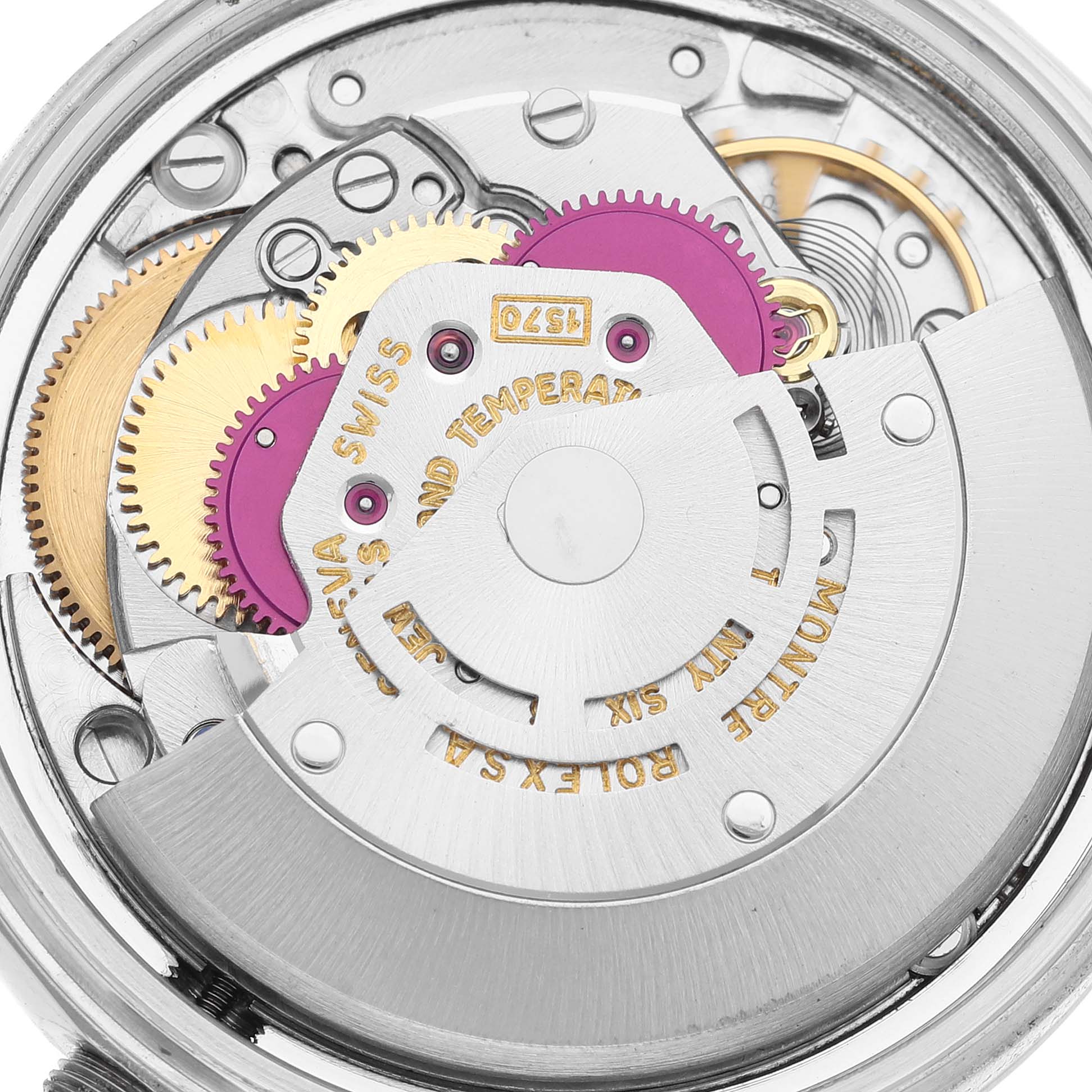 This is an internal view of the Rolex Vintage Collection 1603 Men's Stainless Steel Black Dial 1603 Men's Stainless Steel Black Dial watch, showcasing its intricate mechanical movement components.