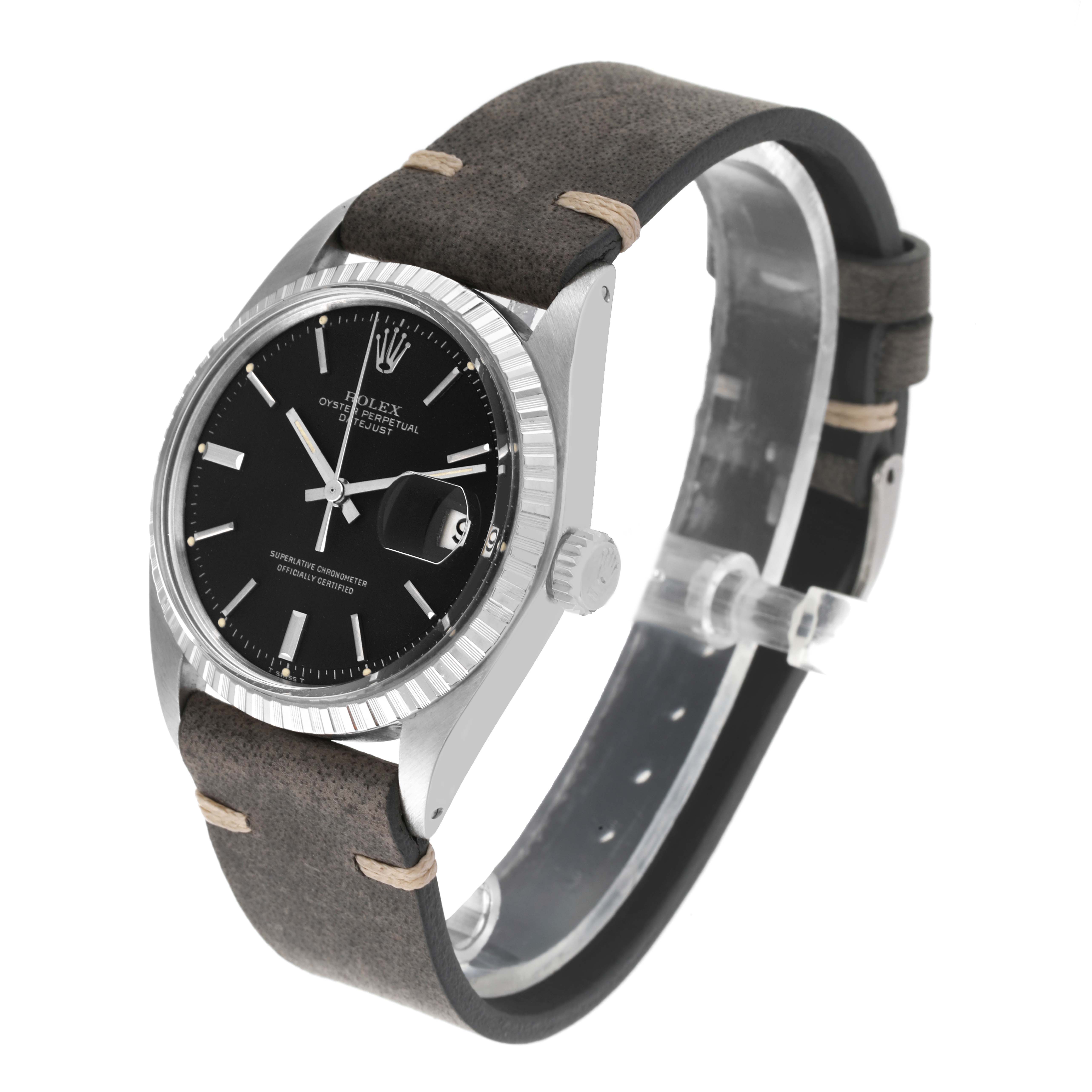 The image shows a side angle of a Rolex Vintage Collection 1603 Men's Stainless Steel Black Dial 1603 Men's Stainless Steel Black Dial model, highlighting the face, bezel, crown, and leather strap.