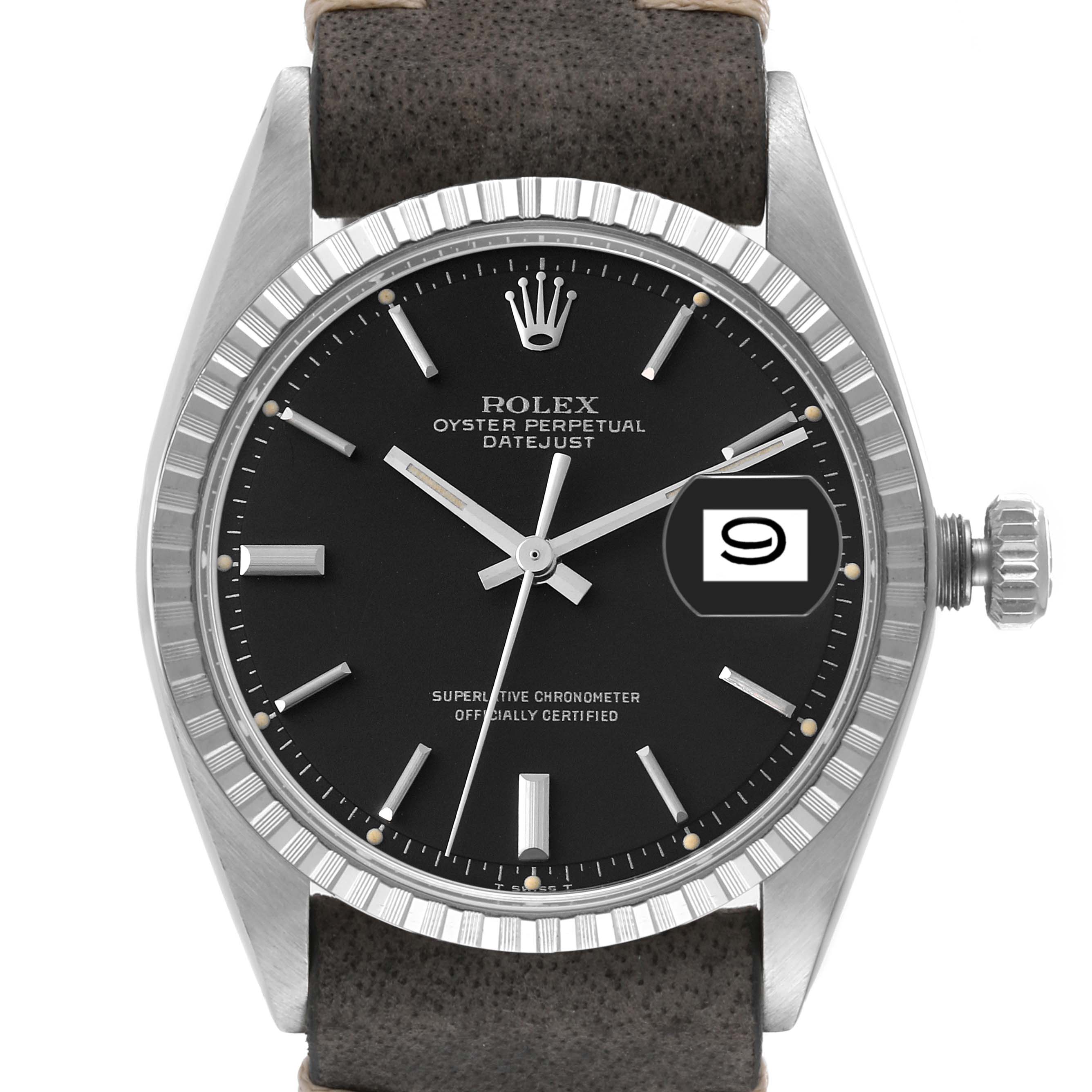 The image shows a front view of the Rolex Vintage Collection 1603 Men's Stainless Steel Black Dial 1603 Men's Stainless Steel Black Dial watch, featuring its black dial, date window, and crown.