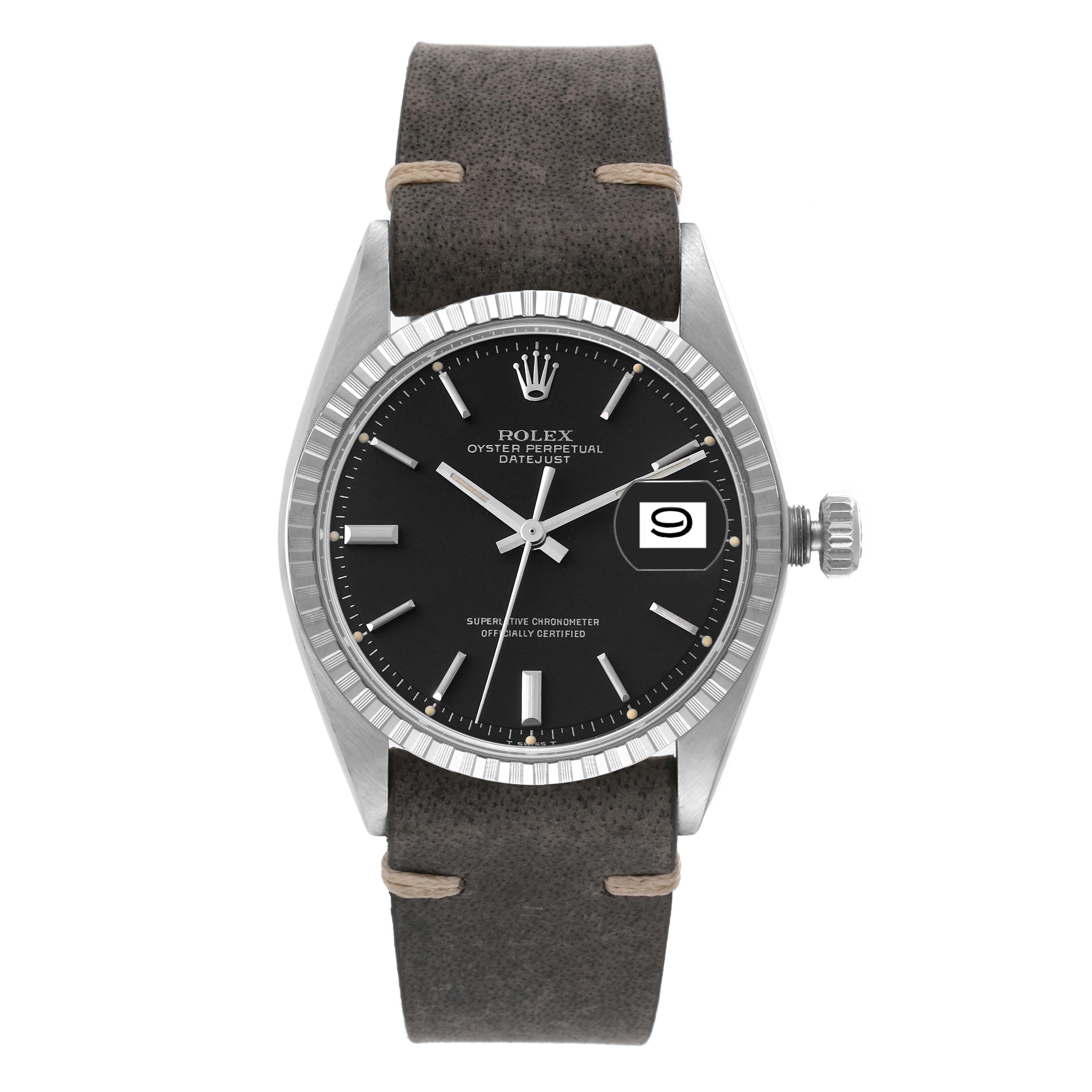 The image shows a front view of the Rolex Vintage Collection 1603 Men's Stainless Steel Black Dial 1603 Men's Stainless Steel Black Dial watch, highlighting its face, bezel, crown, and leather strap.