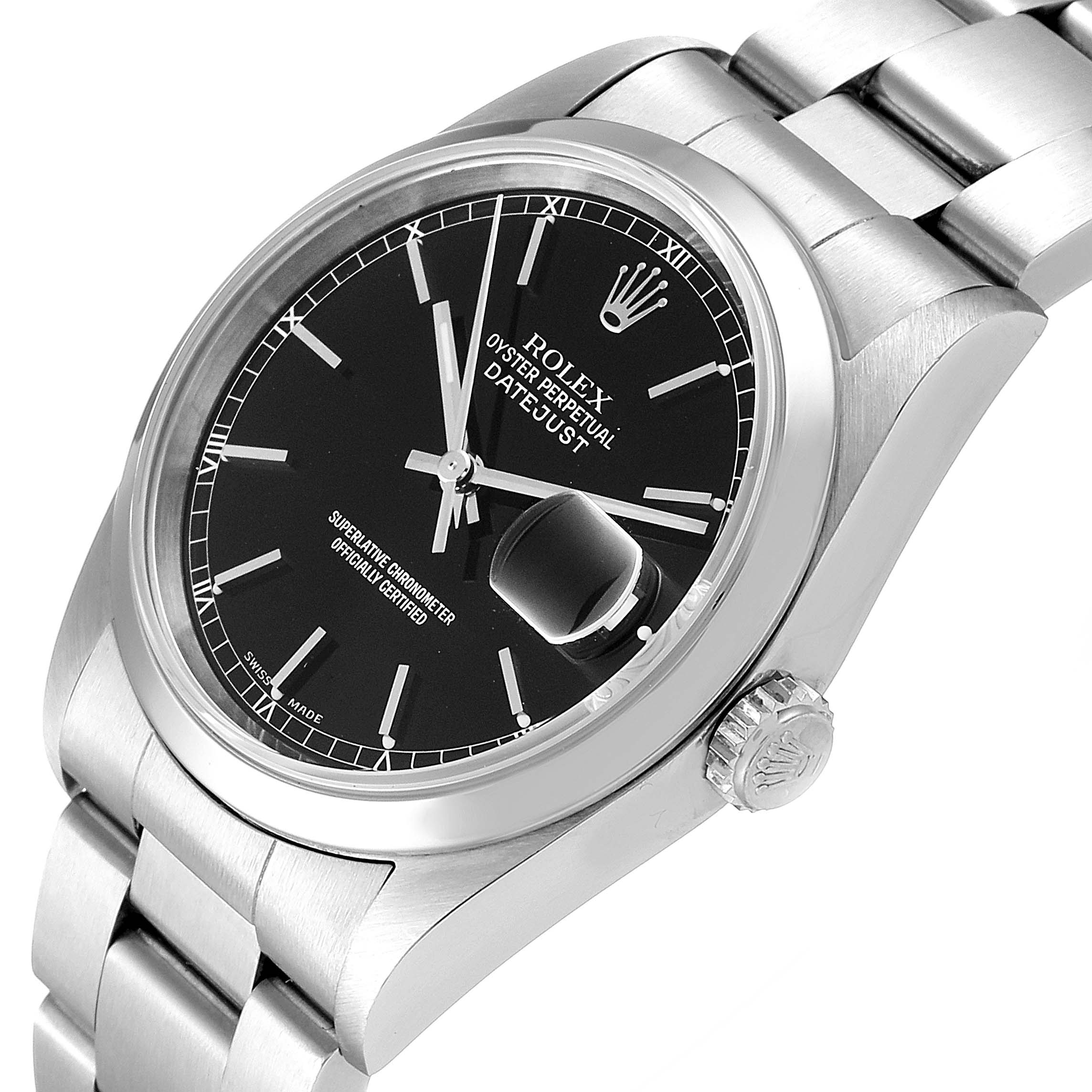 This image shows a Rolex Datejust 16200 Men's Stainless Steel Black Dial 16200 Men's Stainless Steel Black Dial watch from an angled view, highlighting the dial, bezel, bracelet, and crown.