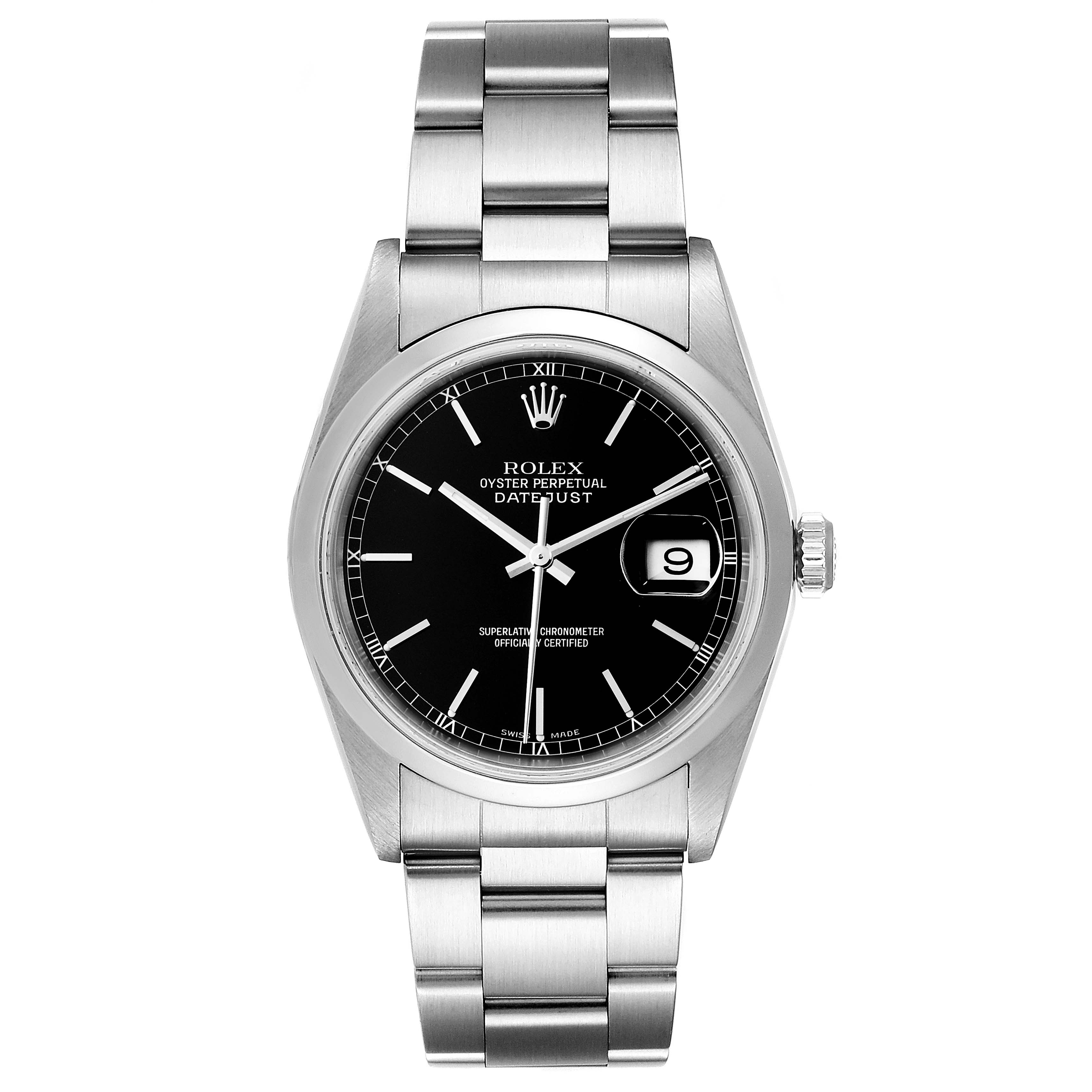 This image shows a front view of the Rolex Datejust 16200 Men's Stainless Steel Black Dial 16200 Men's Stainless Steel Black Dial watch, highlighting its black dial, date window, and stainless steel bracelet.