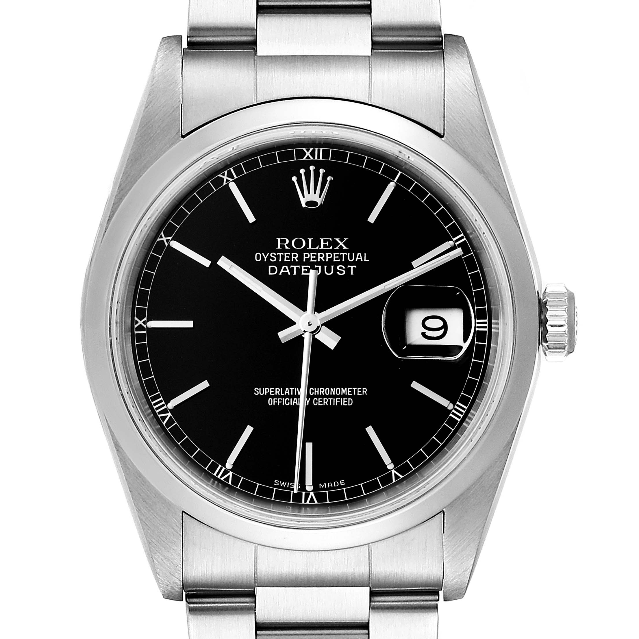 The image shows a frontal view of a Rolex Datejust 16200 Men's Stainless Steel Black Dial 16200 Men's Stainless Steel Black Dial watch, highlighting the dial, bezel, bracelet, and crown.