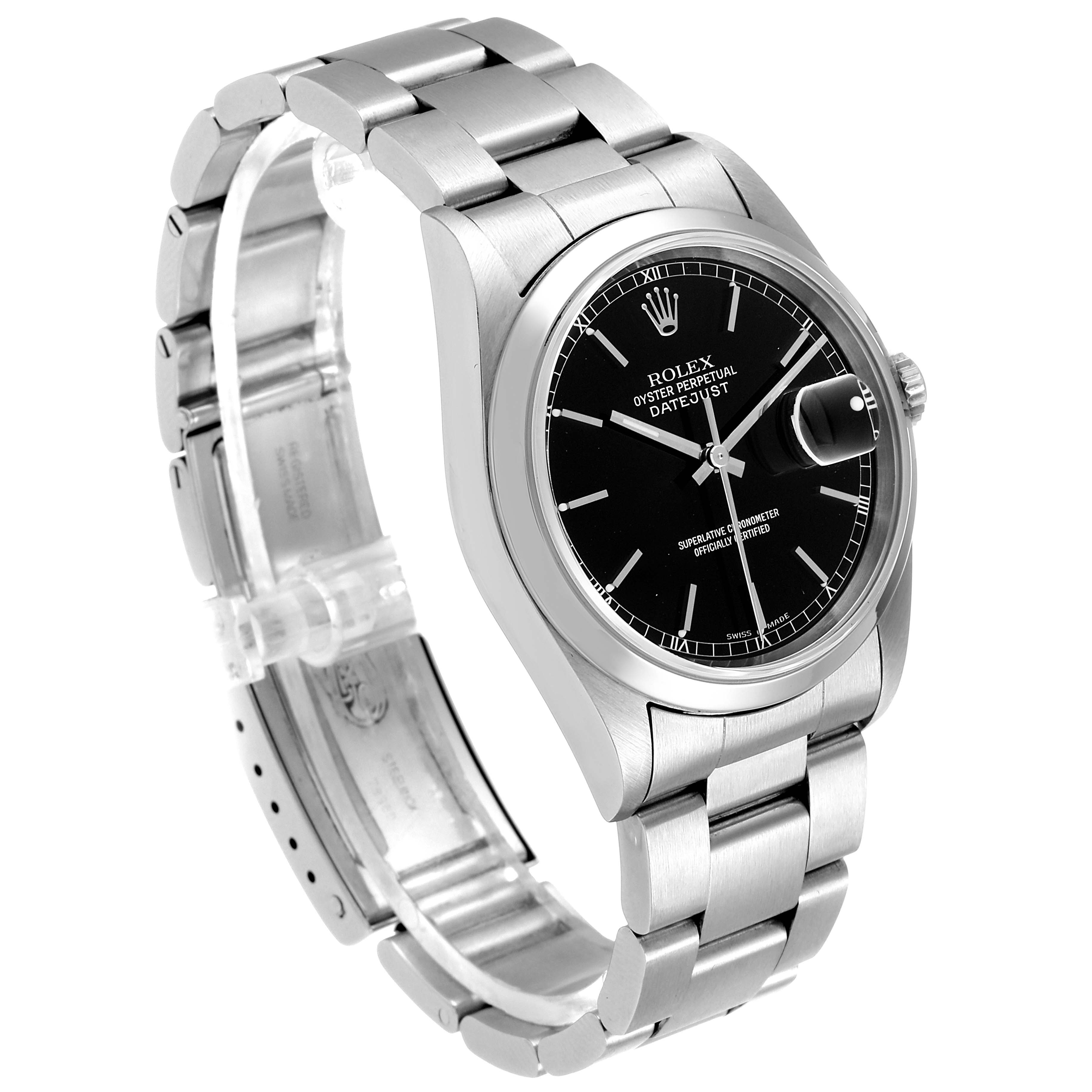 The image shows a Rolex Datejust 16200 Men's Stainless Steel Black Dial 16200 Men's Stainless Steel Black Dial watch from a front angle, highlighting the black dial, case, bracelet, and date magnifier.