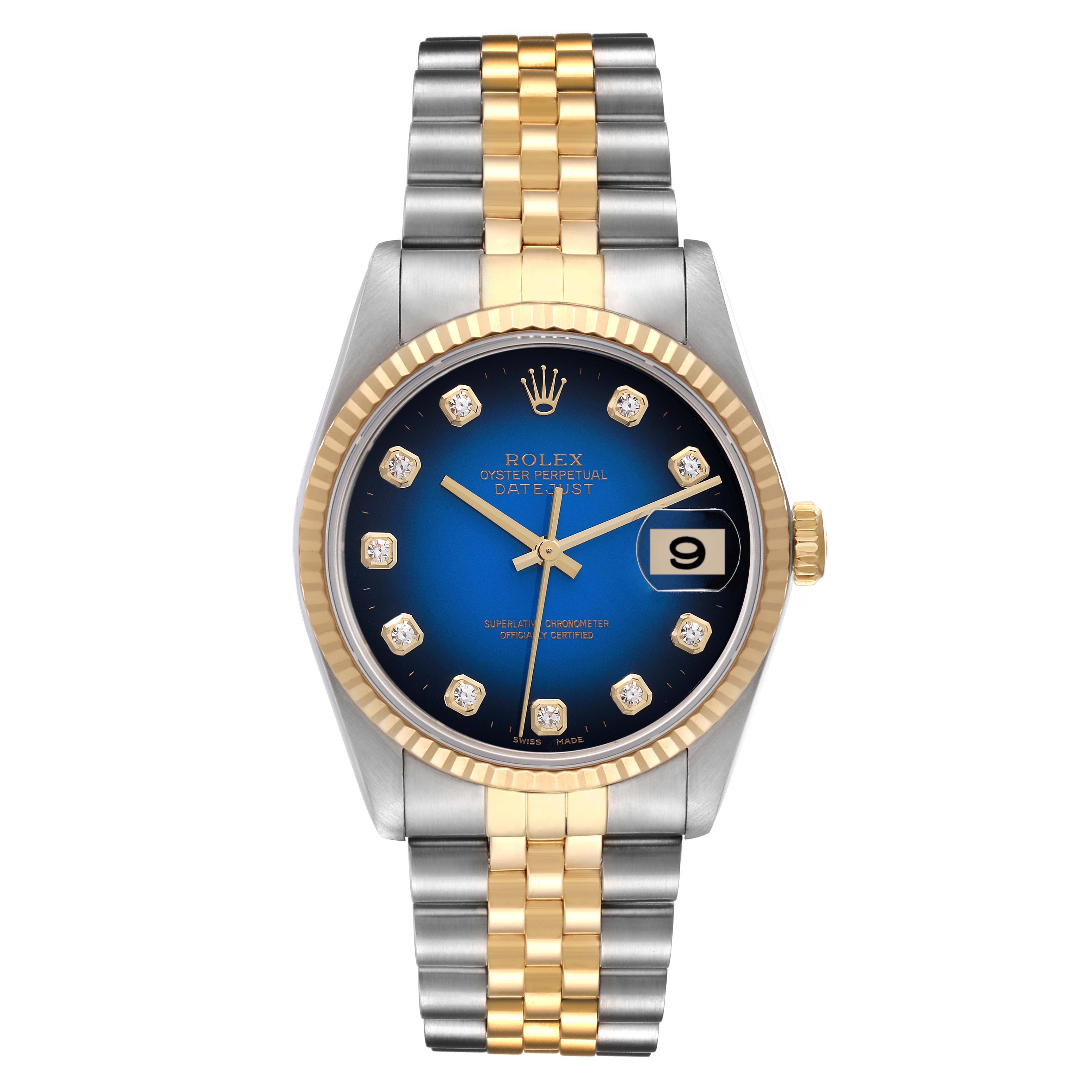 The image shows a front view of a Rolex Datejust 16233 Men's Steel and Gold (two tone) Blue Dial 16233 Men's Steel and Gold (two tone) Blue Dial watch featuring a two-tone bracelet, blue dial, and date display.