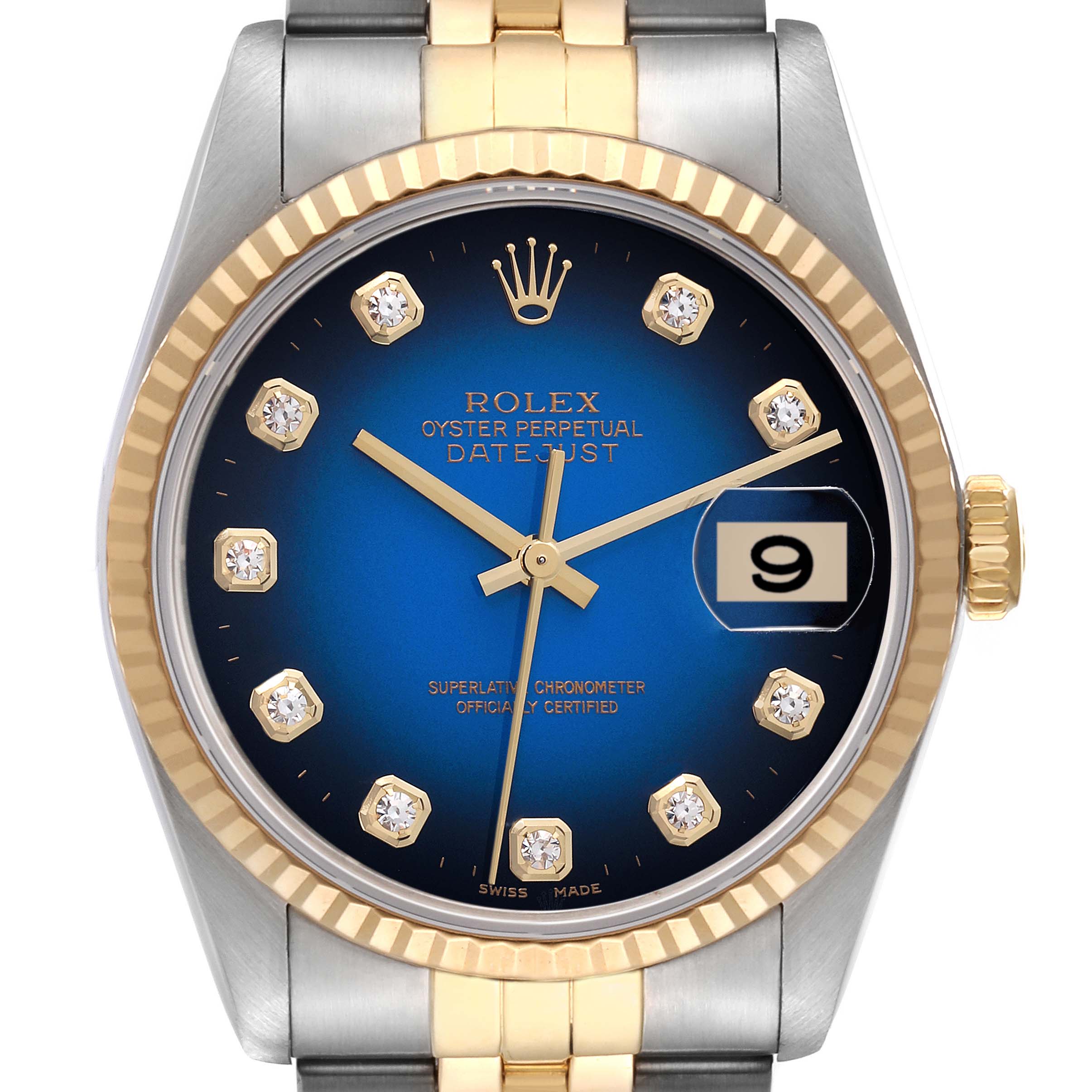 The image shows a close-up, front-facing angle of a Rolex Datejust 16233 Men's Steel and Gold (two tone) Blue Dial 16233 Men's Steel and Gold (two tone) Blue Dial watch, highlighting its blue dial, diamond hour markers, and two-tone bracelet.
