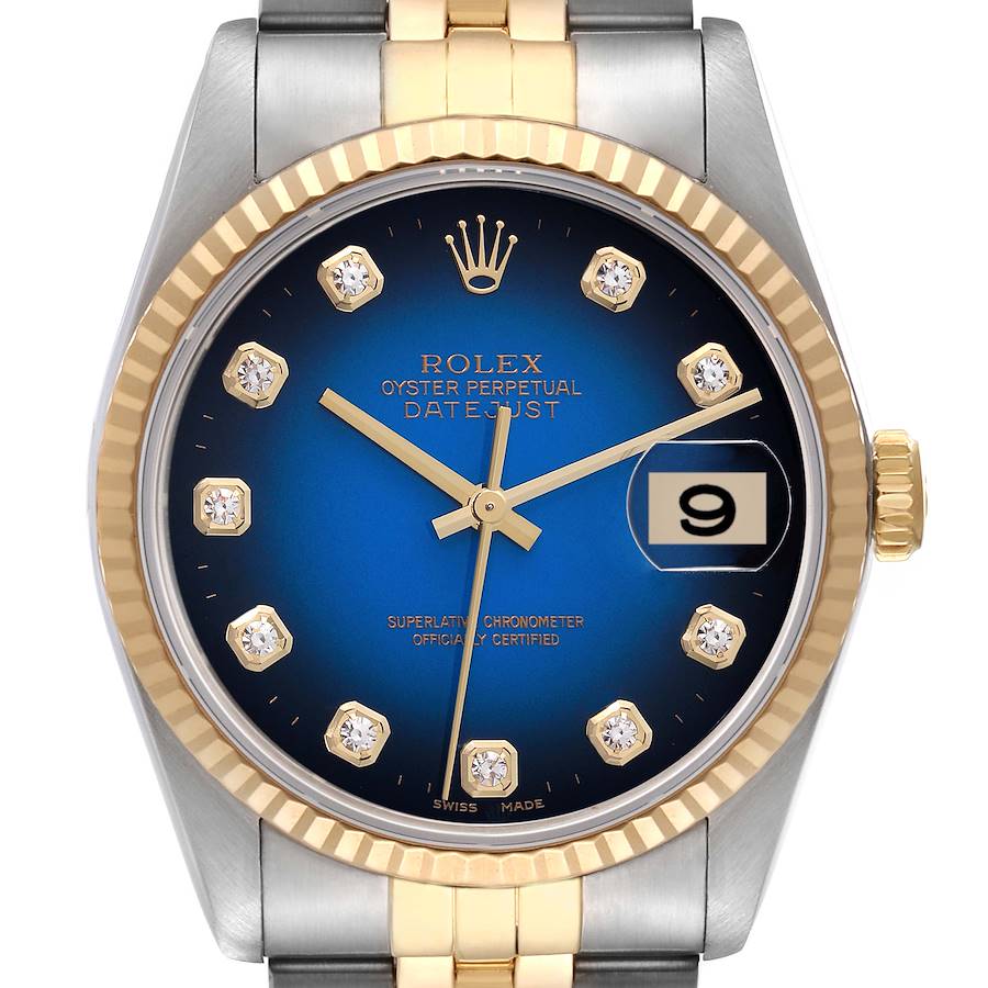 Rolex Datejust Blue Vignette Diamond Dial Steel Yellow Gold Mens Watch 16233 SwissWatchExpo