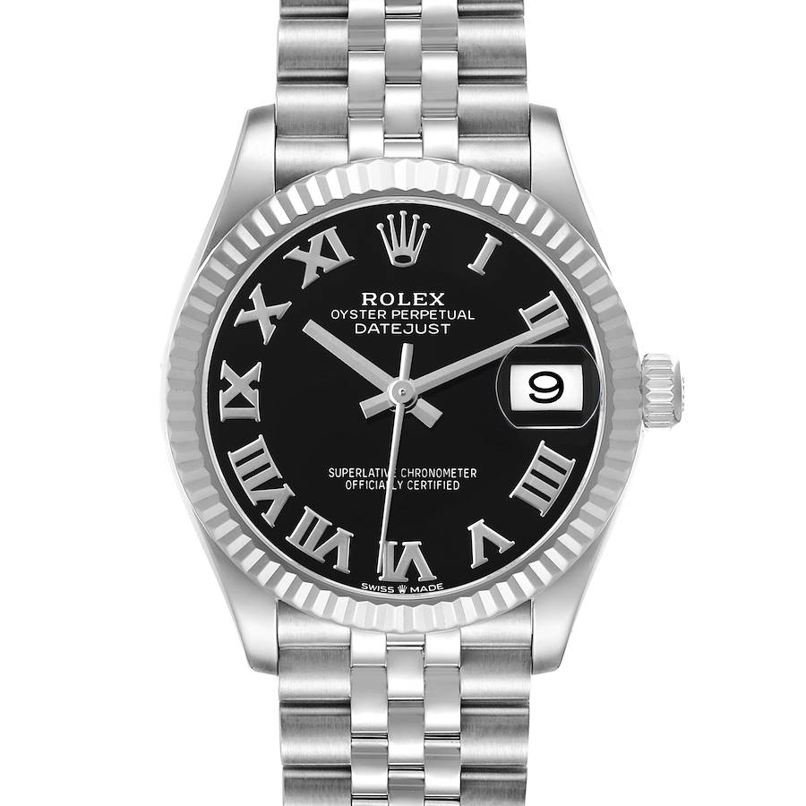 The Rolex Datejust Mid-Size watch is shown from a front angle, displaying the dial, bezel, bracelet, and crown.