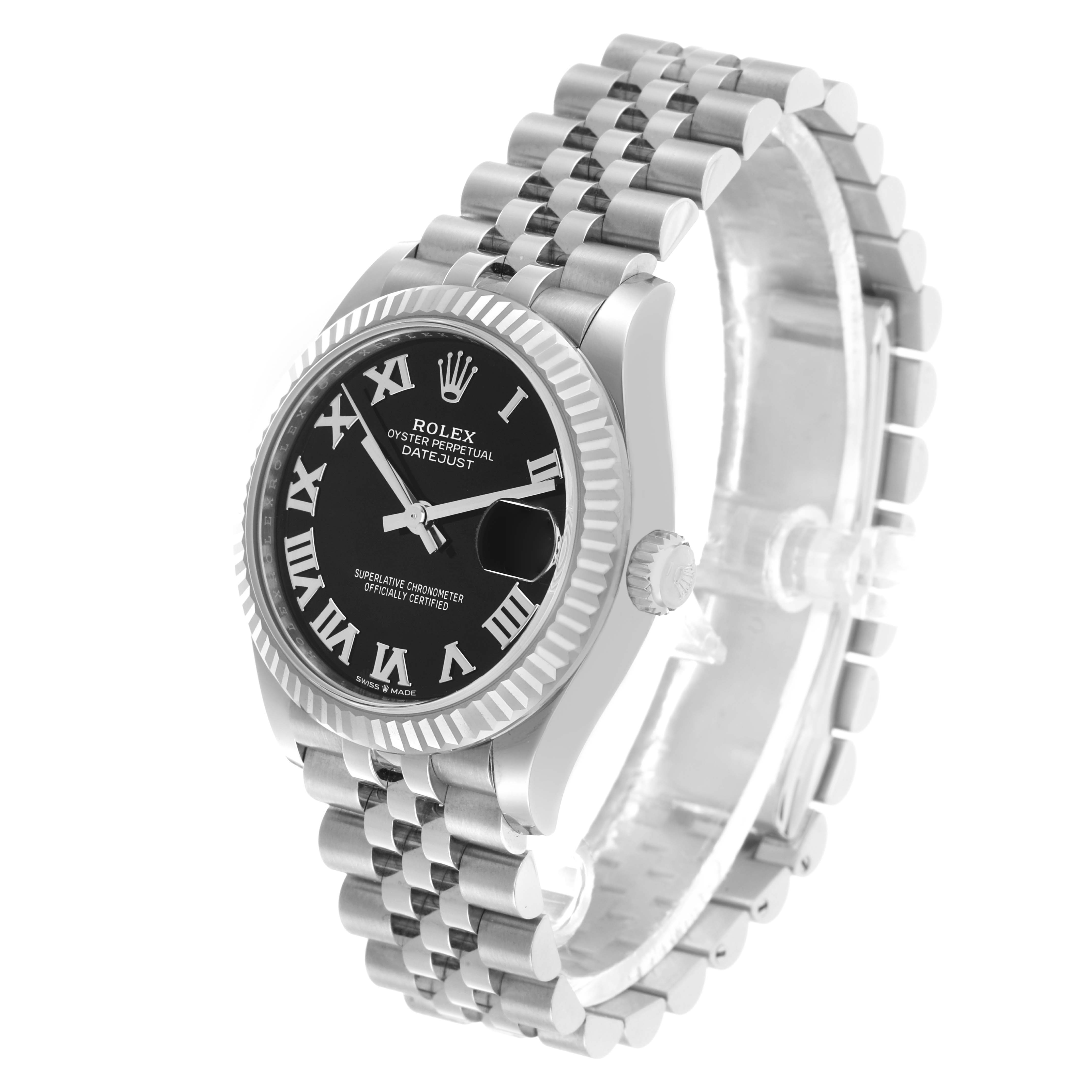 The Rolex Mid-Size 278274 Women's Stainless Steel Black Dial Datejust is shown at a three-quarter angle, featuring its bezel, dial, bracelet, and crown.