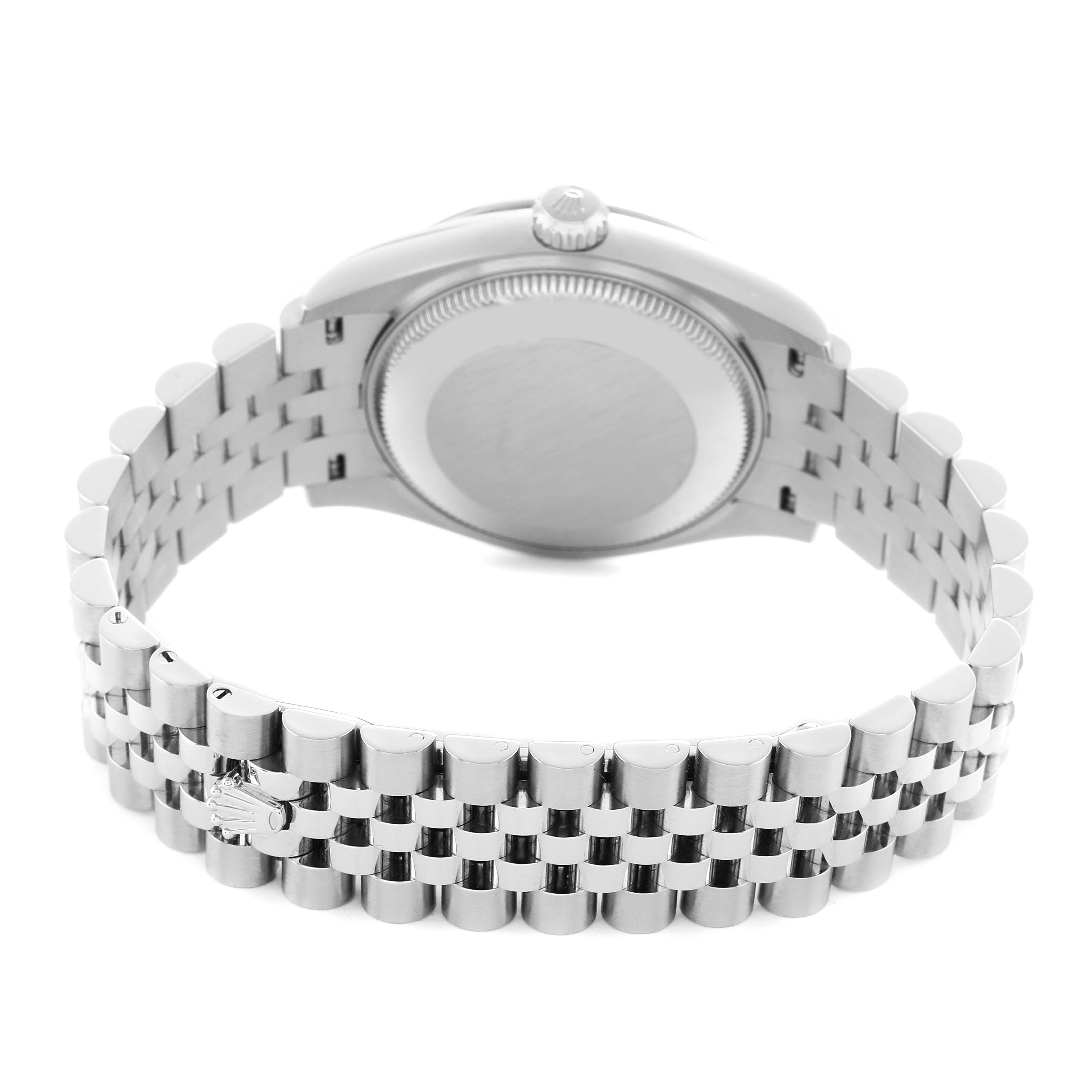 The image shows the back and bracelet of a Mid-Size Rolex watch from a rear angle, highlighting the case back and Jubilee bracelet.