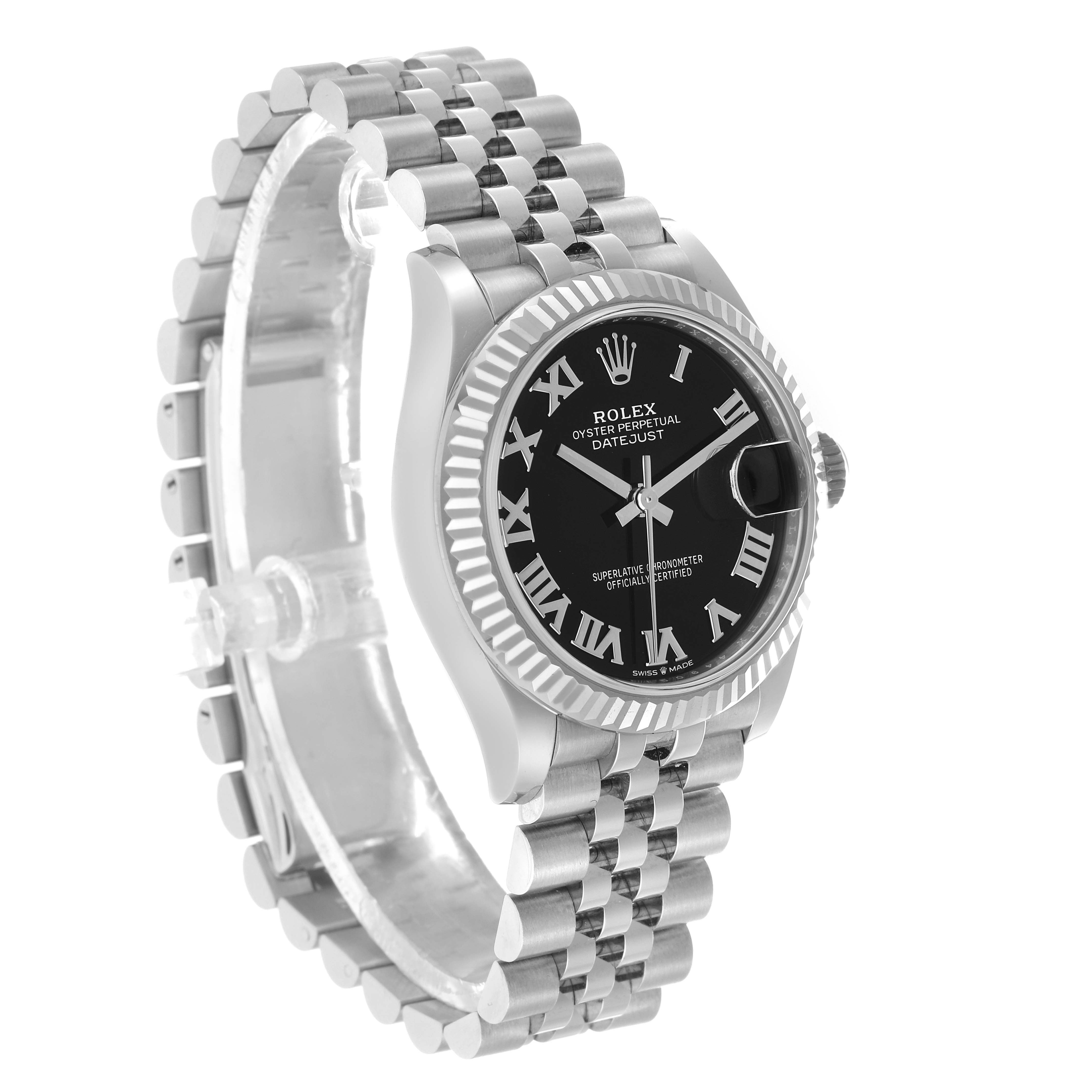 The Rolex Mid-Size 278274 Women's Stainless Steel Black Dial Datejust watch is shown at an angled side view, displaying the bezel, dial, and bracelet.