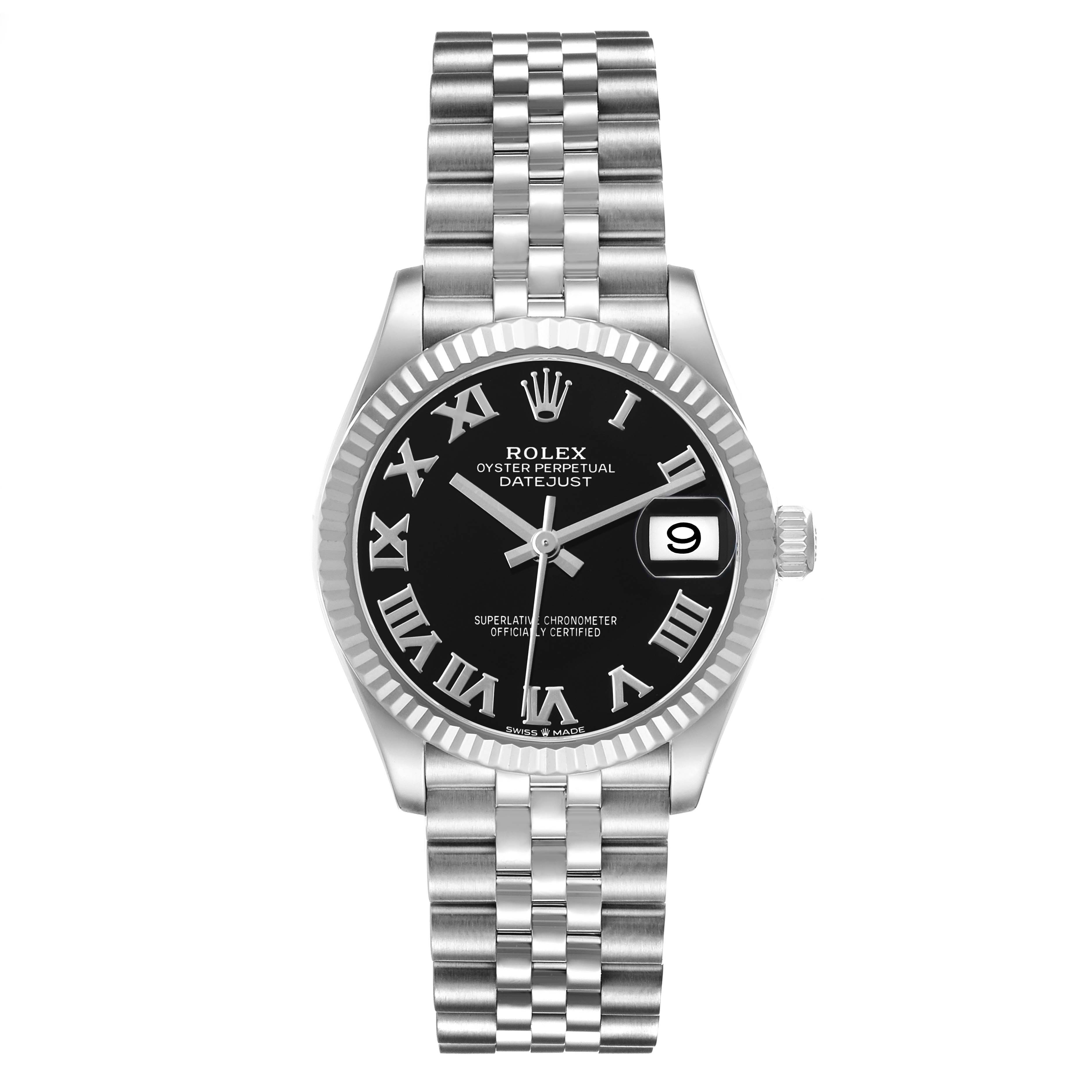 The Rolex Datejust Mid-Size watch is shown from the front, highlighting its black dial, Roman numerals, and fluted bezel.
