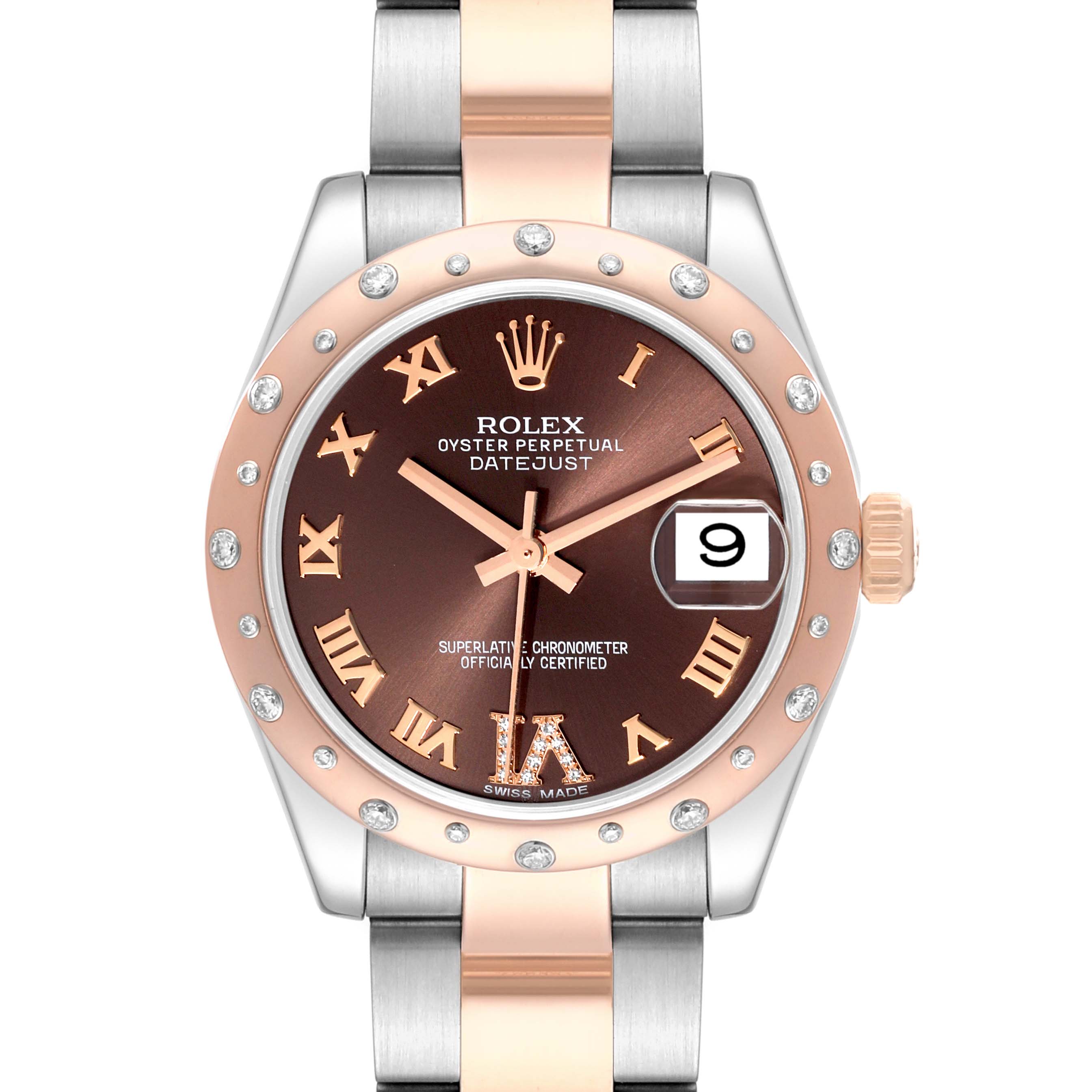 The image shows a front view of a Rolex Mid-Size 178341 Women's Steel and Gold (two tone) Brown Dial 178341 Women's Steel and Gold (two tone) Brown Dial Oyster Perpetual Datejust watch, showcasing the dial, bezel, and part of the bracelet.