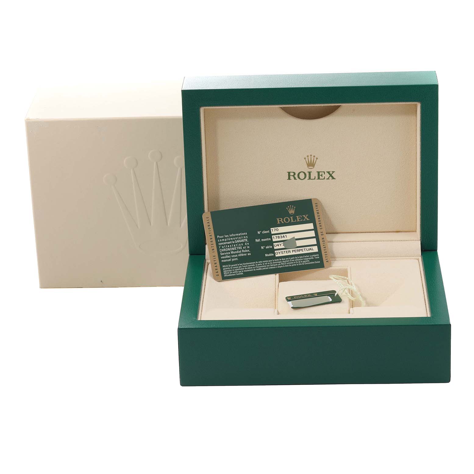 A Rolex Mid-Size 178341 Women's Steel and Gold (two tone) Brown Dial 178341 Women's Steel and Gold (two tone) Brown Dial watch box is shown from a front angle, along with the warranty card and accessory tags.