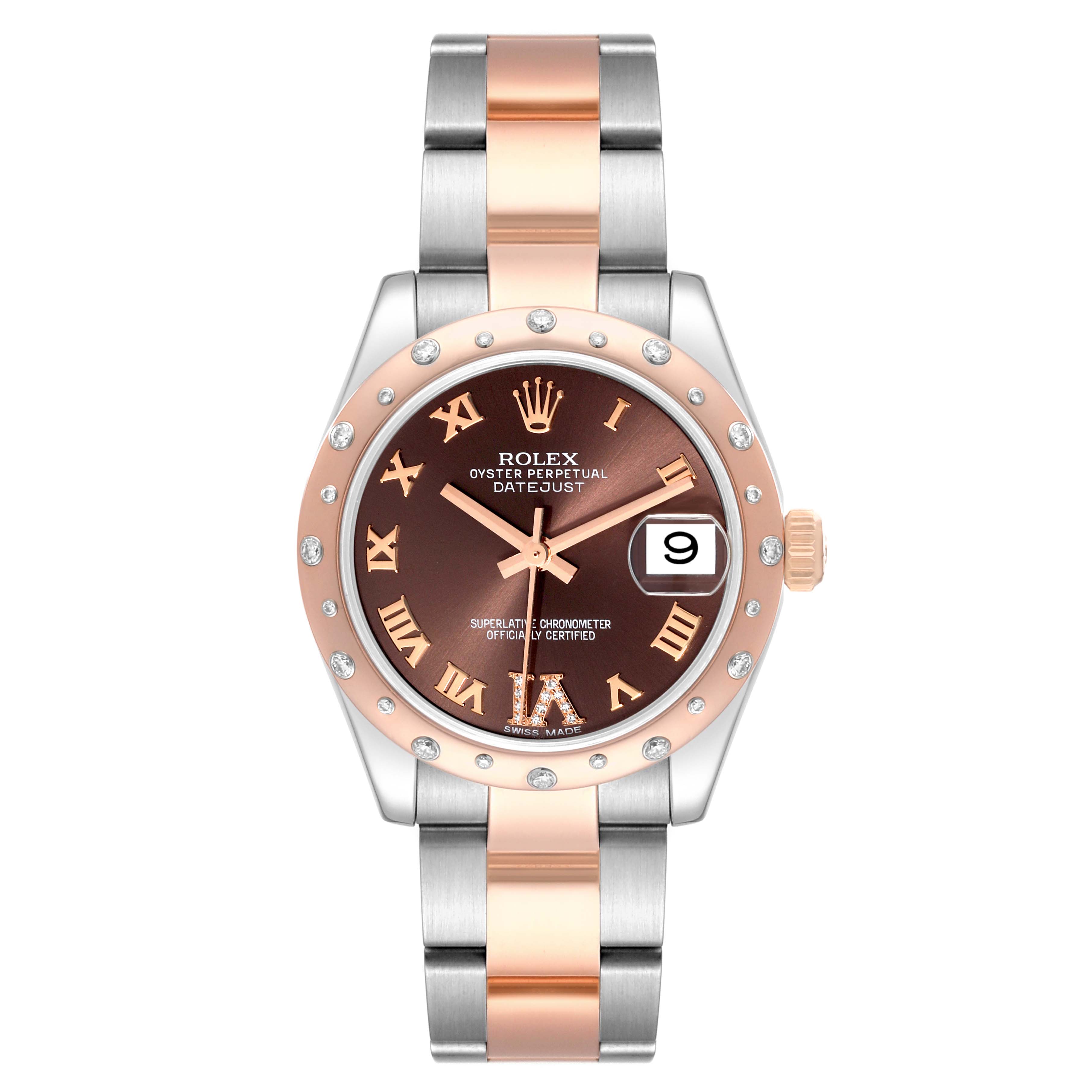 The Rolex Mid-Size 178341 Women's Steel and Gold (two tone) Brown Dial 178341 Women's Steel and Gold (two tone) Brown Dial Oyster Perpetual Datejust watch is shown from a front angle, highlighting its dial, bezel, and bracelet.