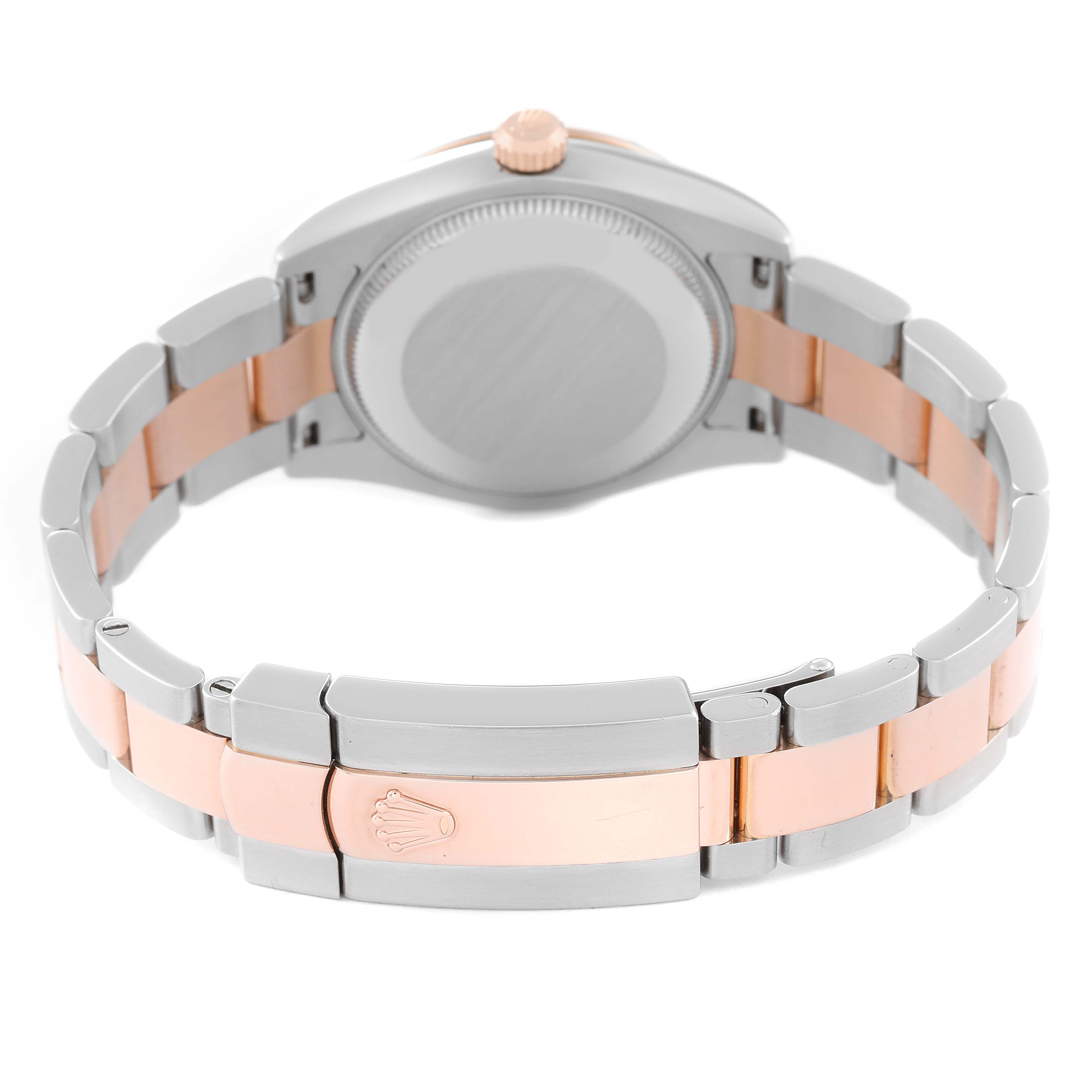 This is the back view of a Rolex Mid-Size 178341 Women's Steel and Gold (two tone) Brown Dial 178341 Women's Steel and Gold (two tone) Brown Dial watch, showing the case back, crown, and two-tone bracelet with the clasp.