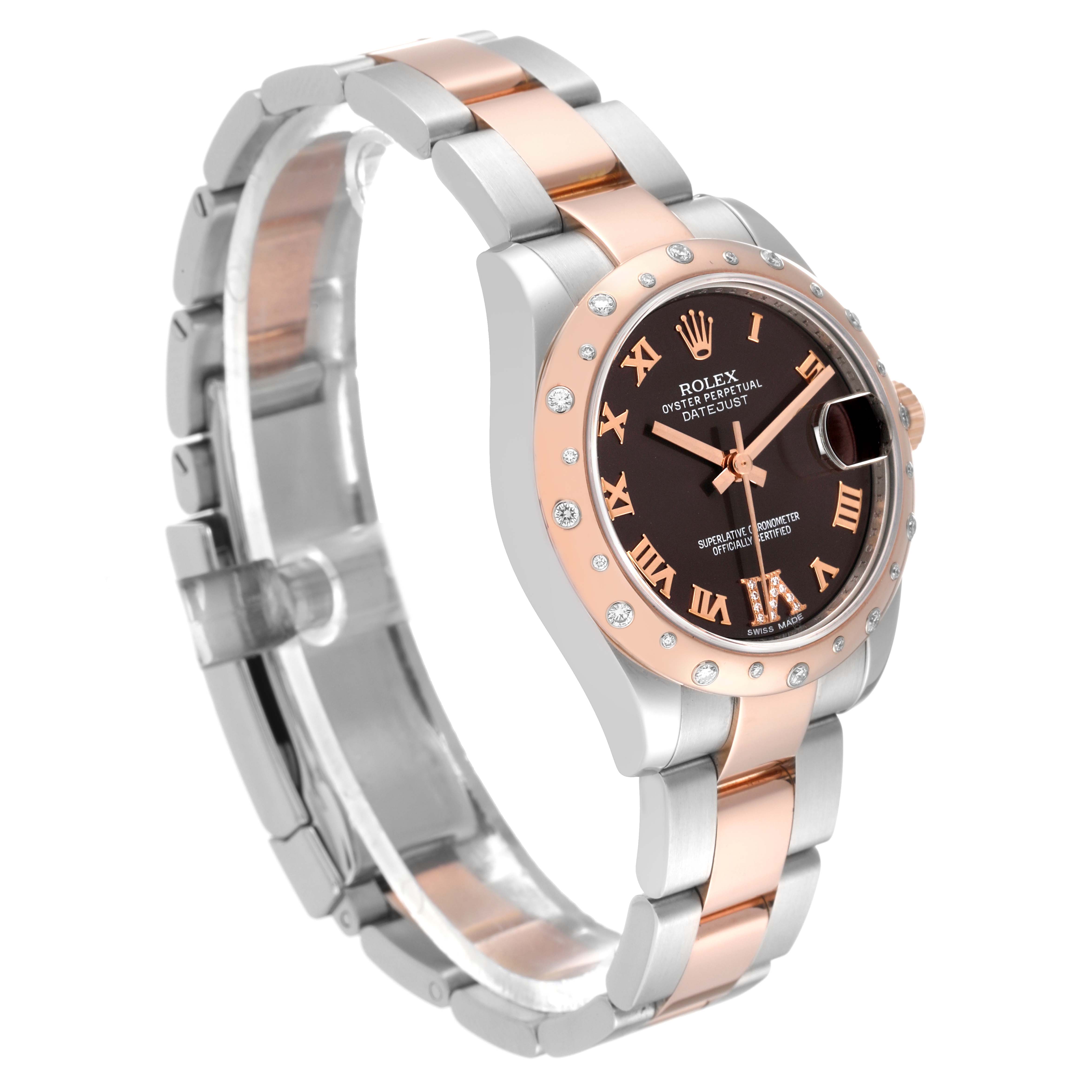 The image shows a side angle view of a Rolex Mid-Size 178341 Women's Steel and Gold (two tone) Brown Dial 178341 Women's Steel and Gold (two tone) Brown Dial Datejust watch, highlighting its two-tone bracelet and diamond-studded bezel.