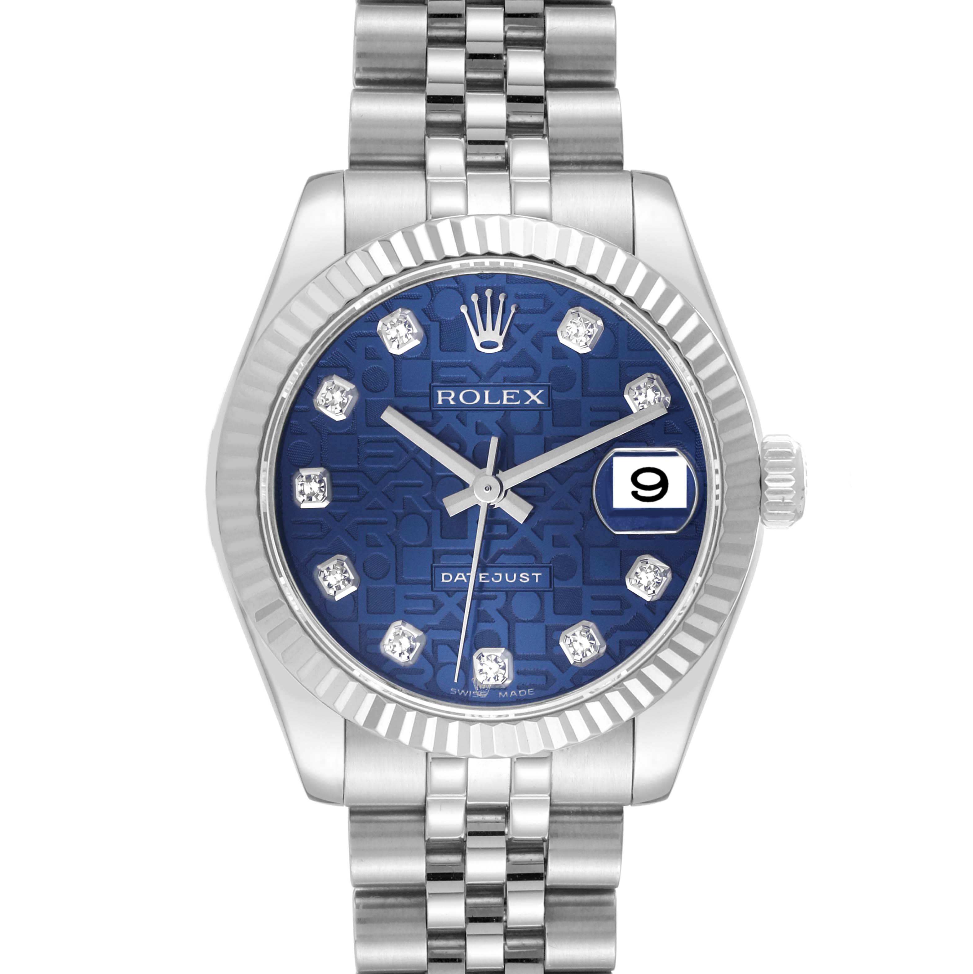 The image shows a front view of a Mid-Size Rolex Datejust watch with a blue dial, date display, and silver bracelet.