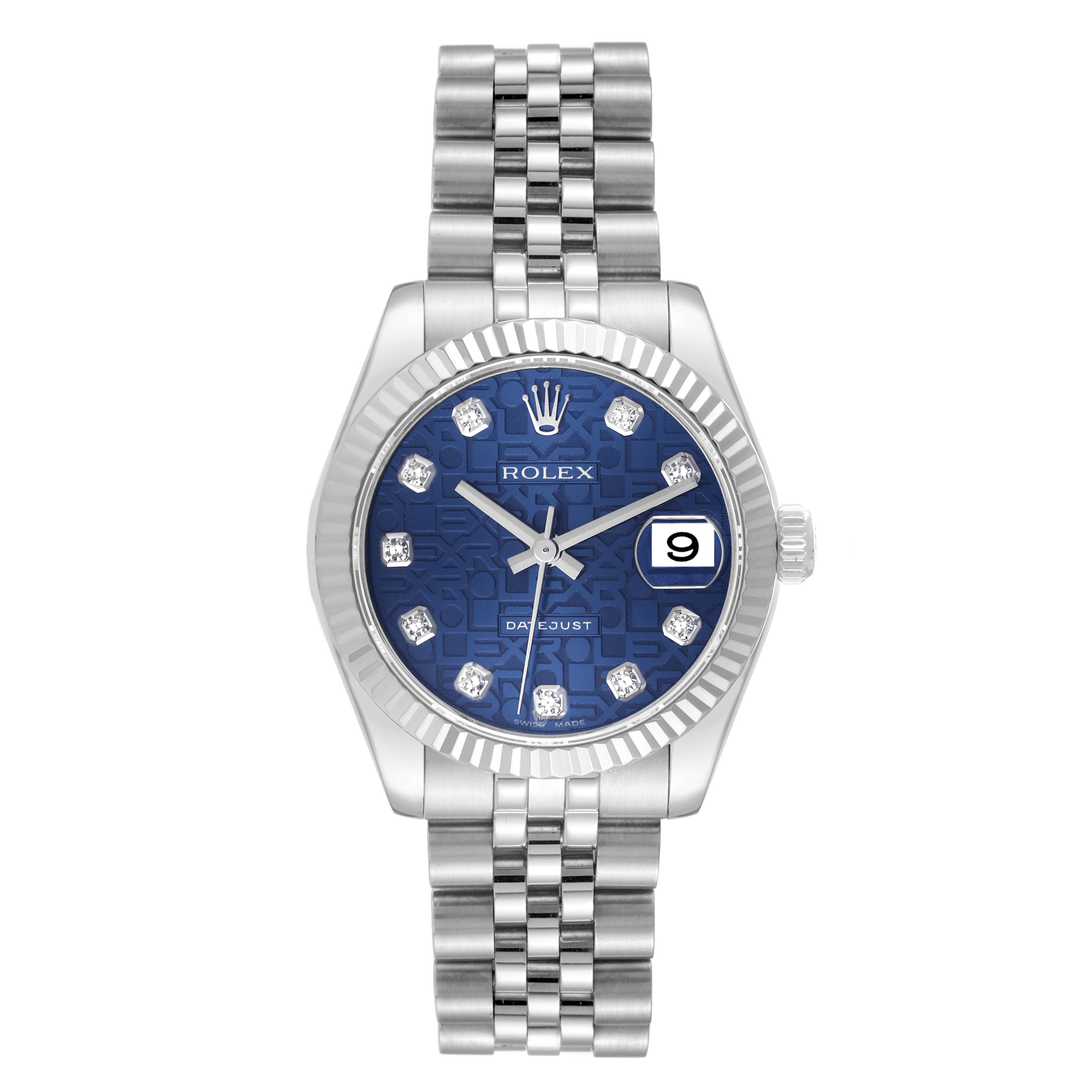 The Rolex Mid-Size 178274 Women
s Stainless Steel Blue Dial 178274 Women
s Stainless Steel Blue Dial watch is shown from the front, highlighting its blue dial, fluted bezel, and stainless steel jubilee bracelet.