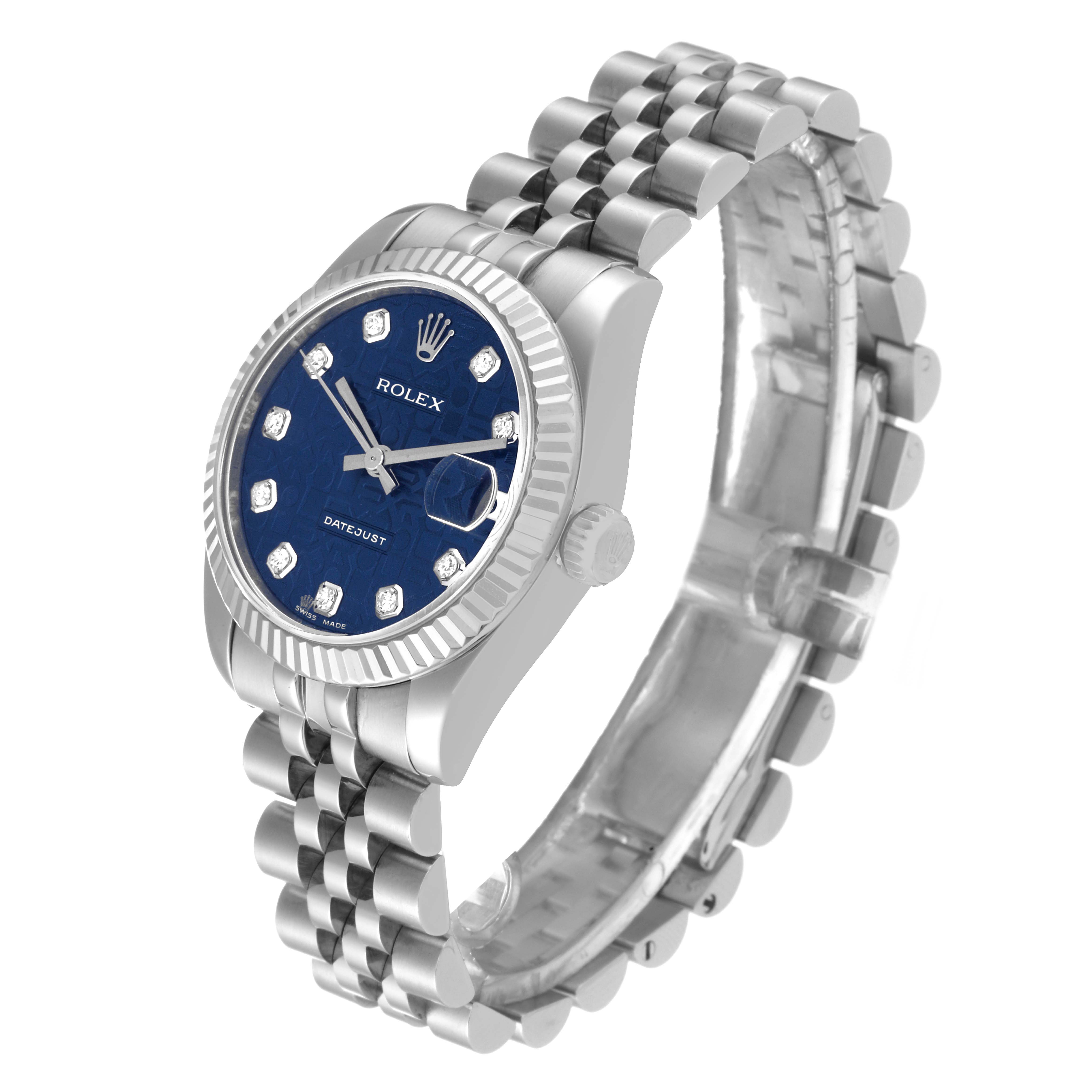 The image shows a Rolex Mid-Size 178274 Women
s Stainless Steel Blue Dial 178274 Women
s Stainless Steel Blue Dial Datejust watch at a slight angle, highlighting the blue dial, case, and bracelet.