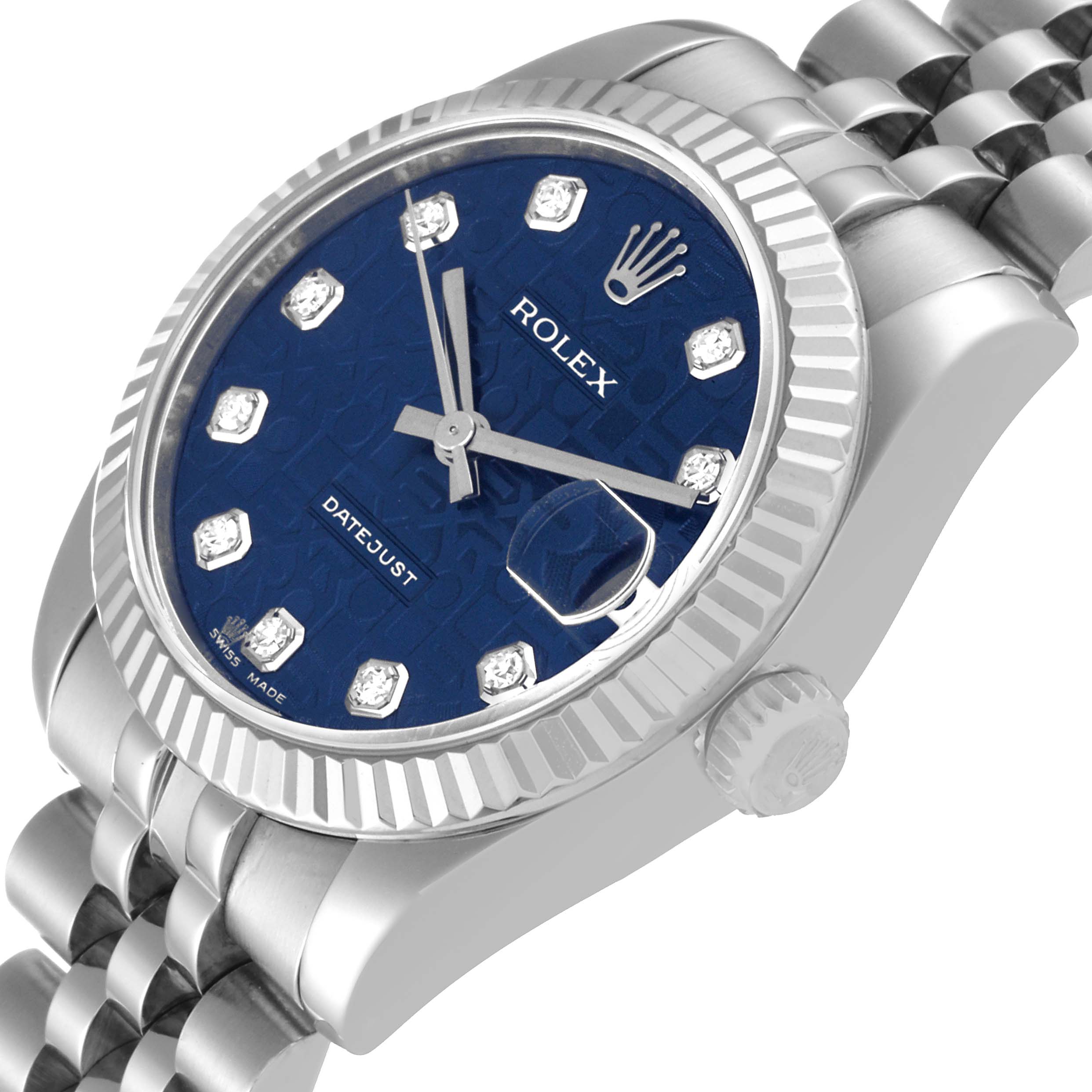 This image shows a close-up angle of the Rolex Mid-Size 178274 Women
s Stainless Steel Blue Dial 178274 Women
s Stainless Steel Blue Dial Datejust watch, featuring its dial, bezel, and part of the bracelet.