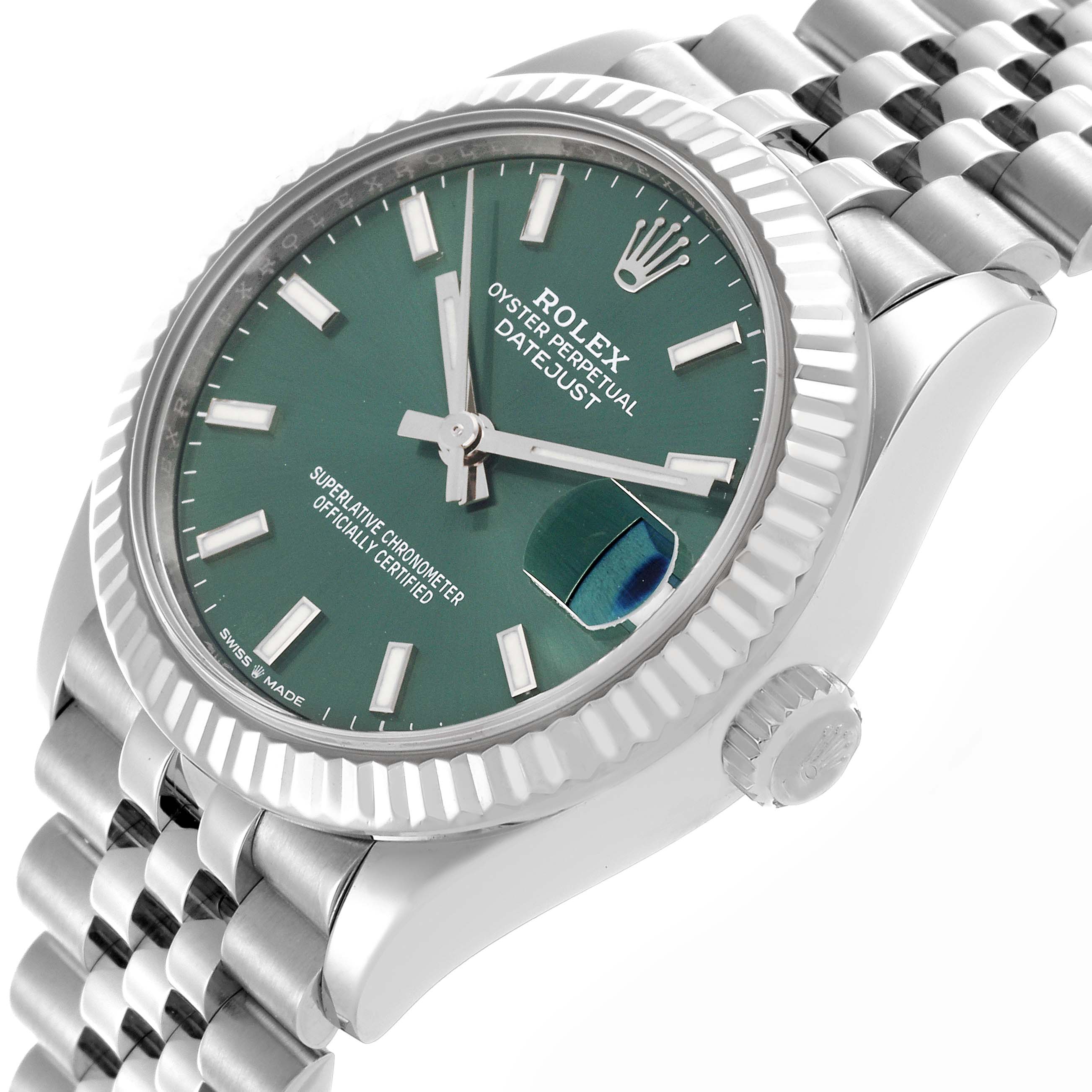 The Rolex Mid-Size 278274 Women's Stainless Steel Green Dial 278274 Women's Stainless Steel Green Dial Oyster Perpetual Datejust watch is shown at a slight angle, displaying the face, bezel, crown, and part of the bracelet.