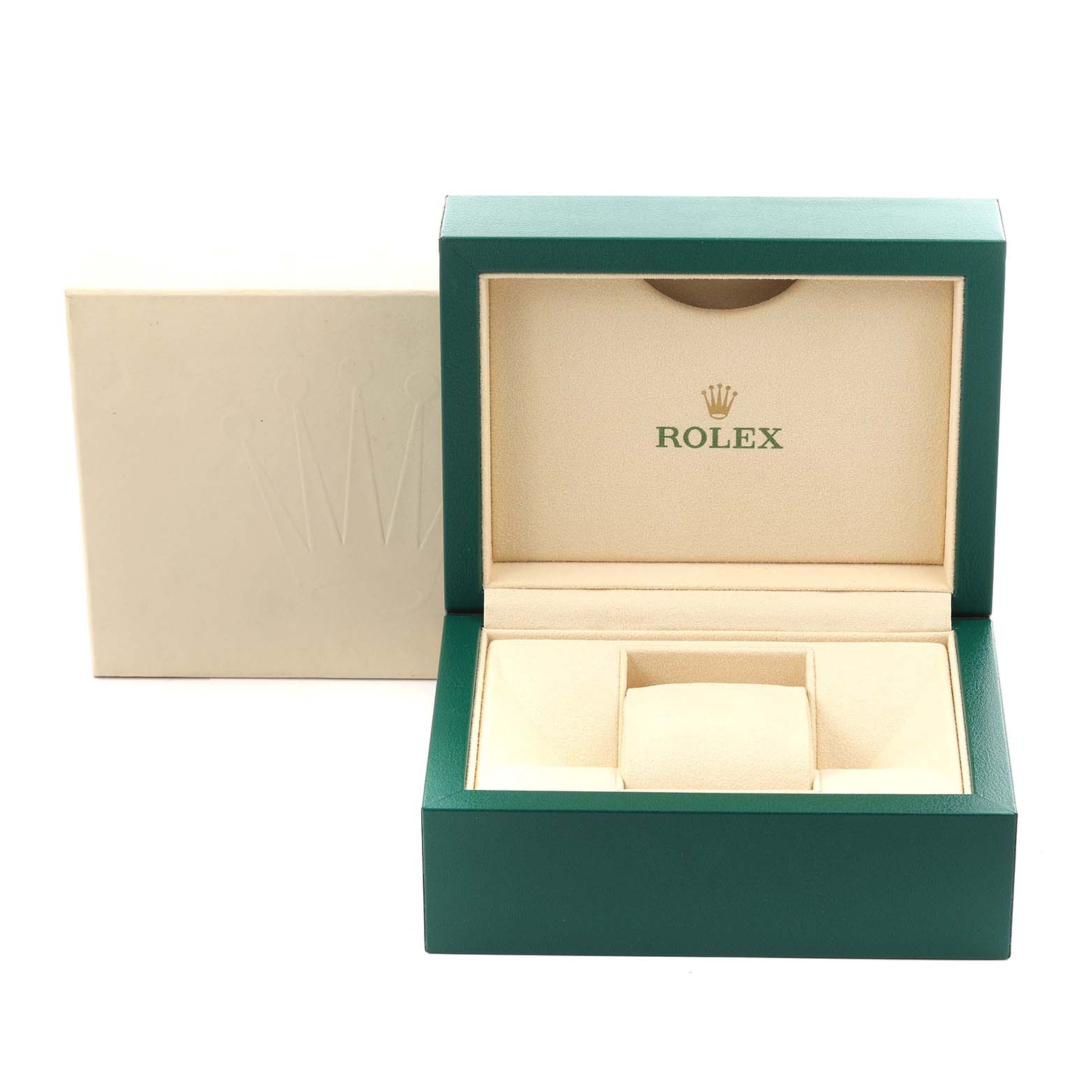 The Rolex Mid-Size 278274 Women's Stainless Steel Green Dial 278274 Women's Stainless Steel Green Dial model is shown with its open watch box, displaying the interior without the watch.