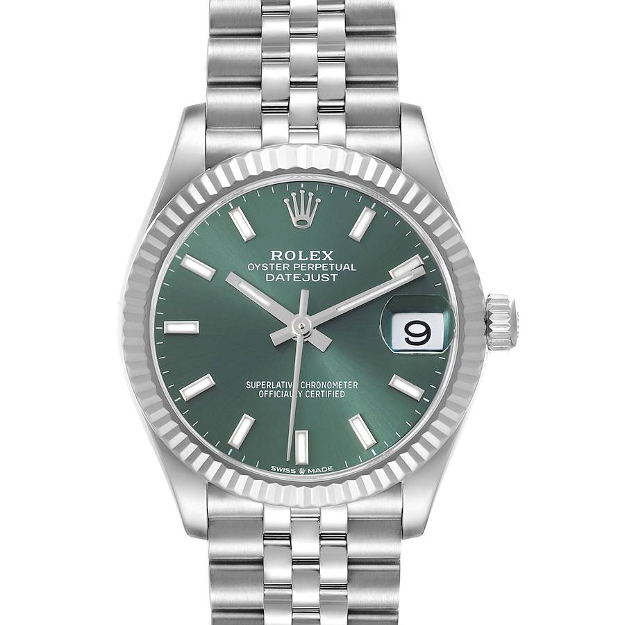 The Rolex Datejust Mid-Size watch is shown from a front angle, displaying the dial, date window, bezel, and part of the bracelet.