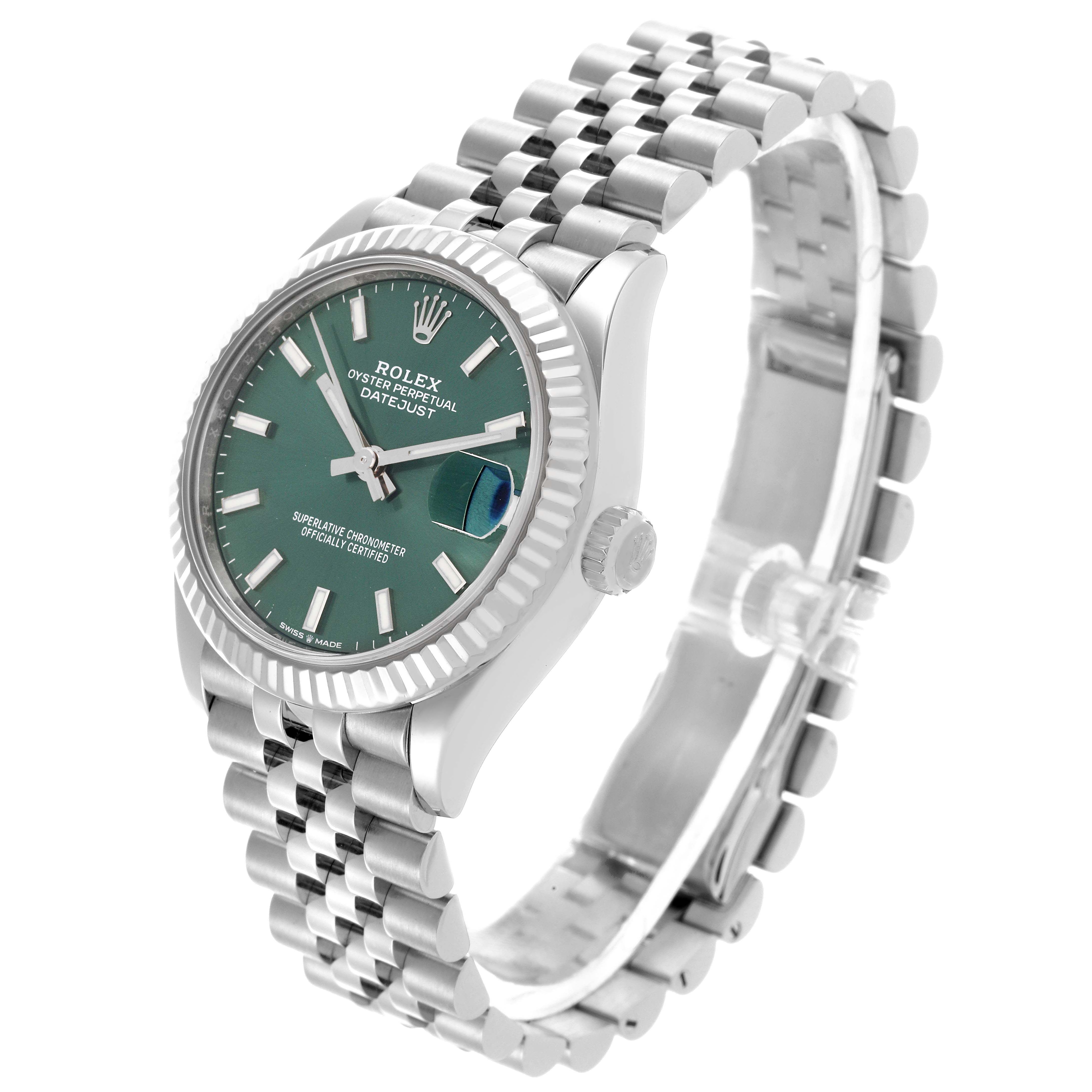 The Rolex Mid-Size 278274 Women's Stainless Steel Green Dial 278274 Women's Stainless Steel Green Dial watch is shown at an angle highlighting its face, crown, bezel, and Jubilee bracelet.