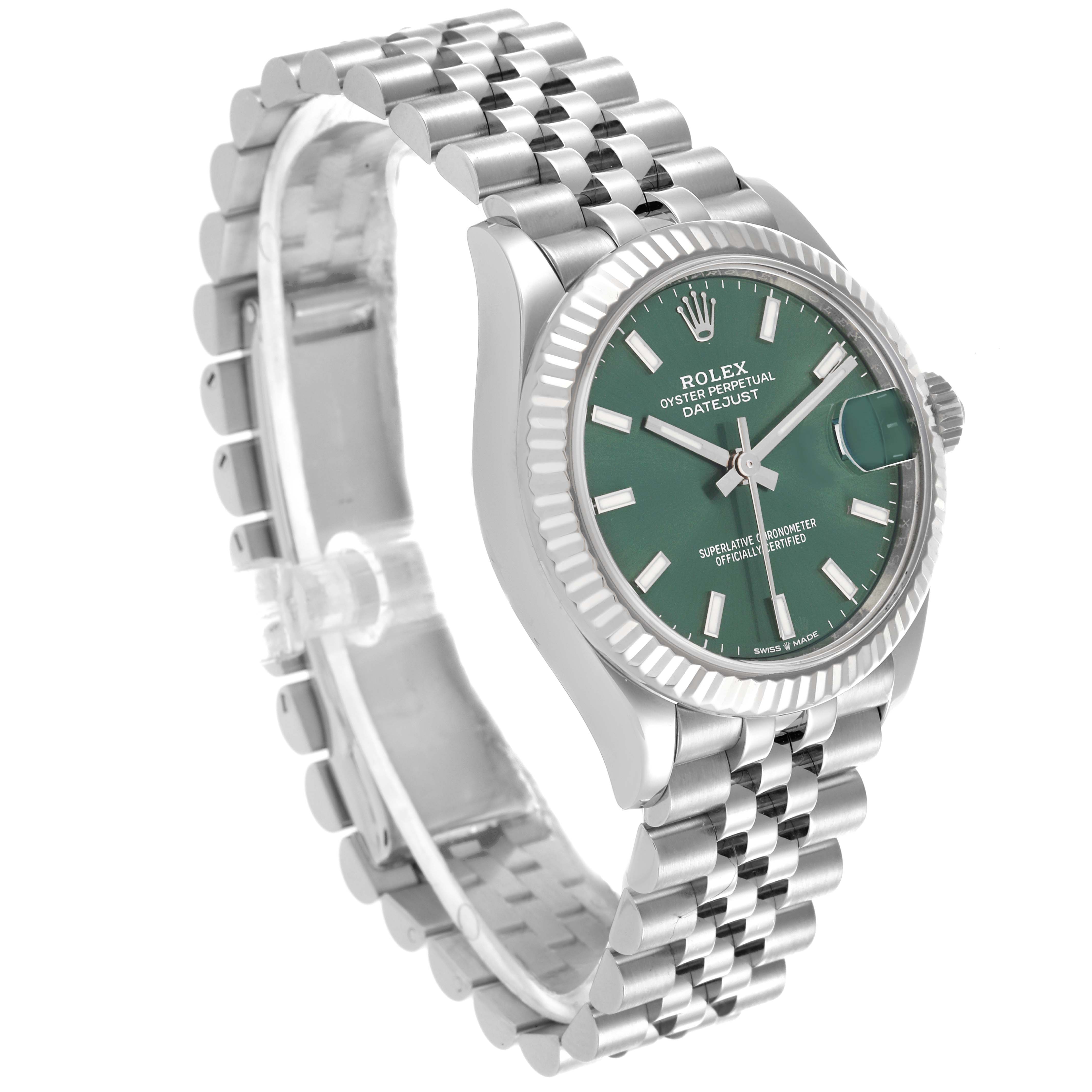 The Rolex Mid-Size 278274 Women's Stainless Steel Green Dial 278274 Women's Stainless Steel Green Dial model is shown at a three-quarter angle, displaying the face, bezel, crown, and bracelet.