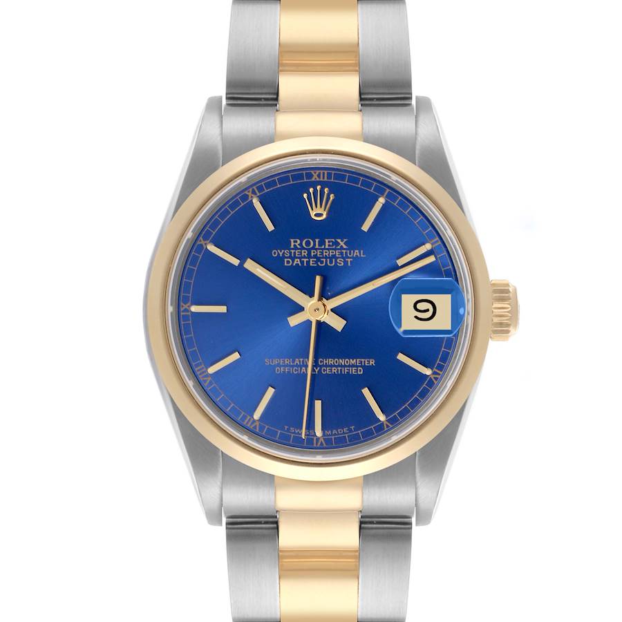 The Rolex Datejust Mid-Size watch is shown from the front, featuring the dial, bezel, and partial bracelet.
