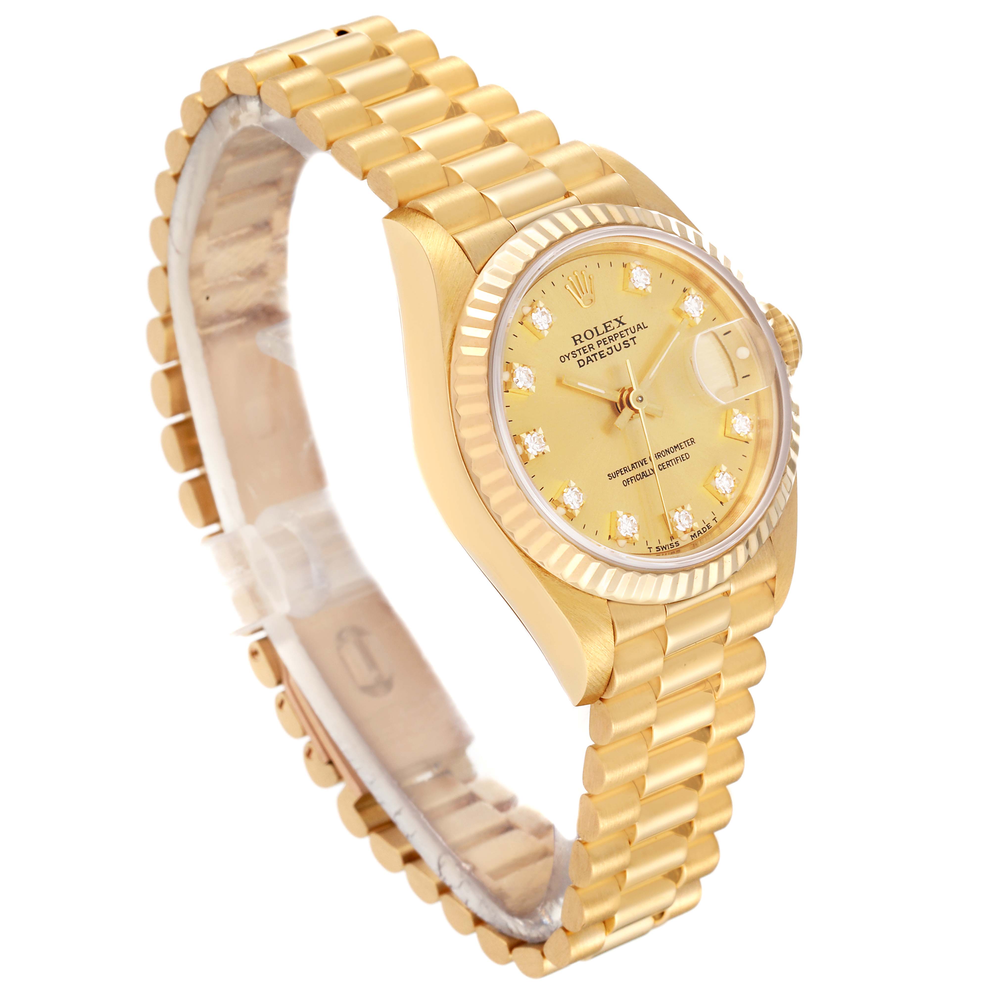 The image shows a gold Rolex President 69178 Women's Yellow Gold Champagne Dial 69178 Women's Yellow Gold Champagne Dial model watch angled from the front right, highlighting the dial, bezel, and bracelet.
