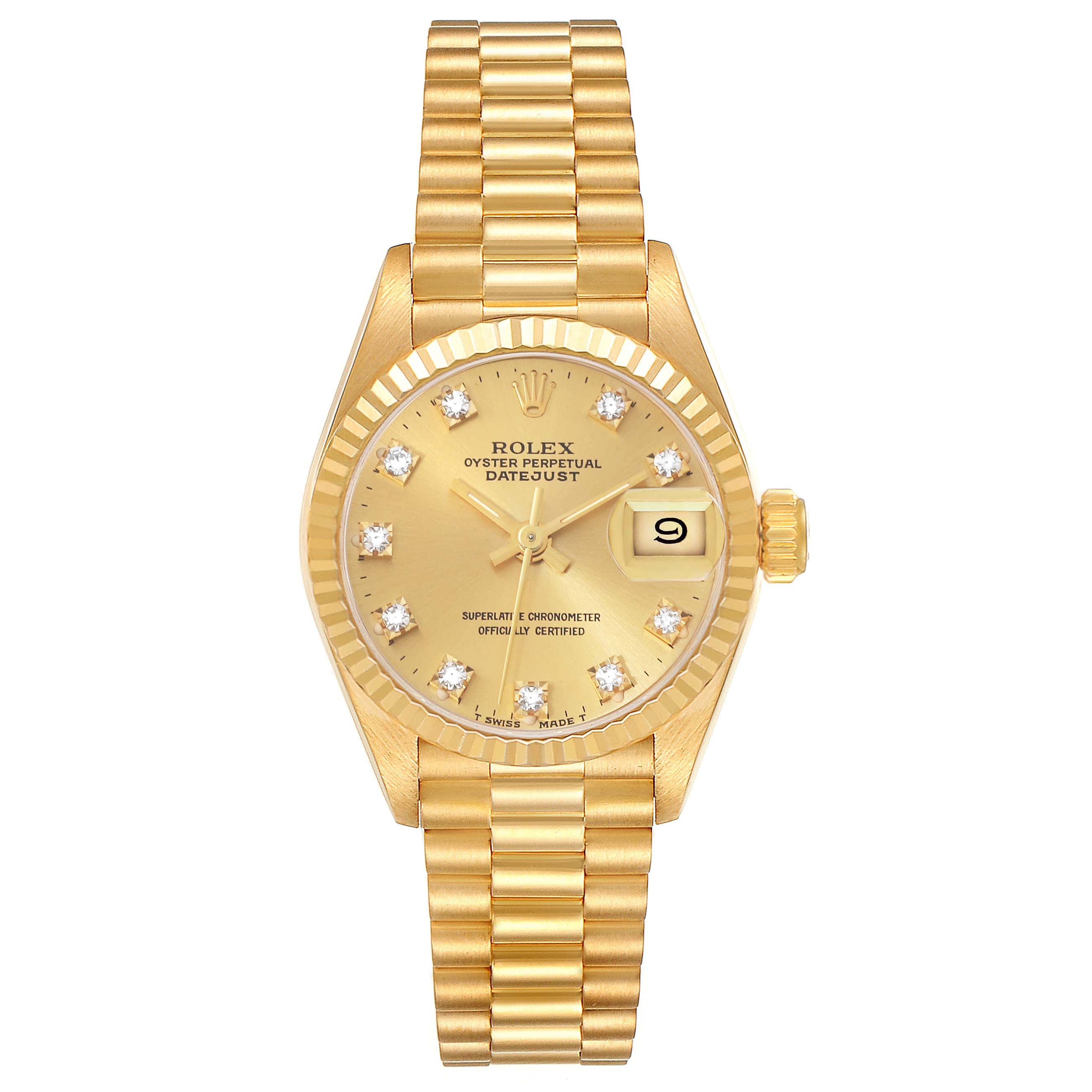 The Rolex President 69178 Women's Yellow Gold Champagne Dial 69178 Women's Yellow Gold Champagne Dial model watch is shown from a top-down angle, displaying its gold bracelet, dial, and date window.