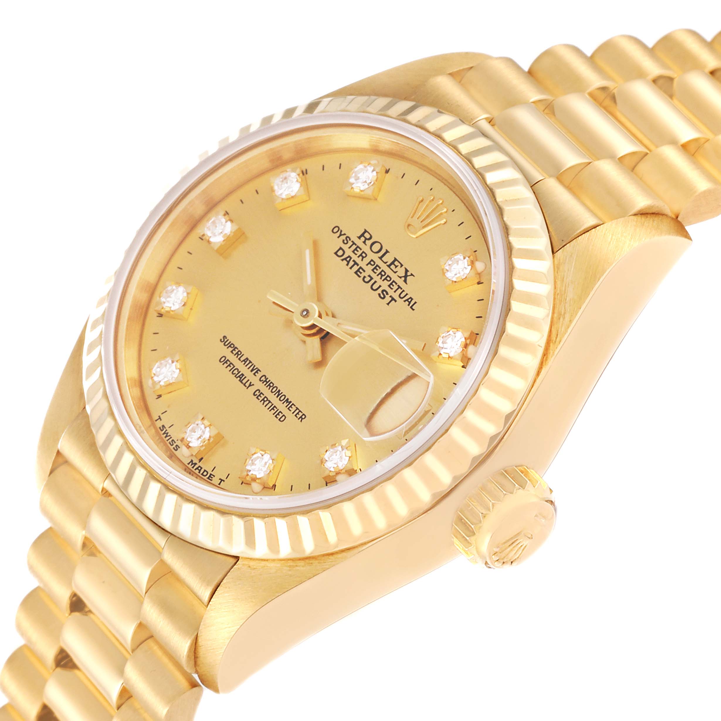 This image shows a close-up of a Rolex President 69178 Women's Yellow Gold Champagne Dial 69178 Women's Yellow Gold Champagne Dial model watch, highlighting the gold dial, diamond hour markers, bezel, and bracelet.