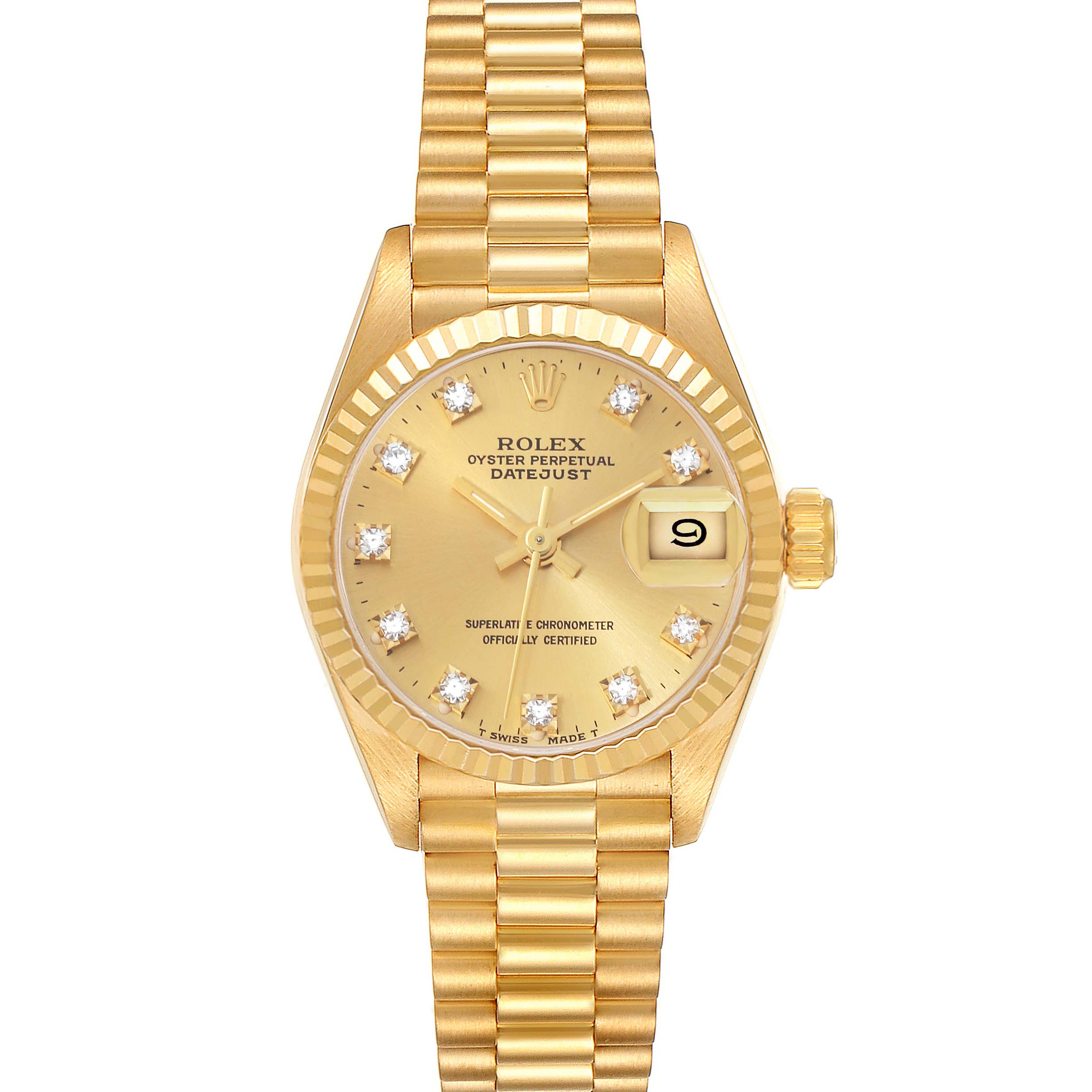 This image shows a Rolex President 69178 Women's Yellow Gold Champagne Dial 69178 Women's Yellow Gold Champagne Dial model watch from a front angle, displaying the dial, fluted bezel, and bracelet.